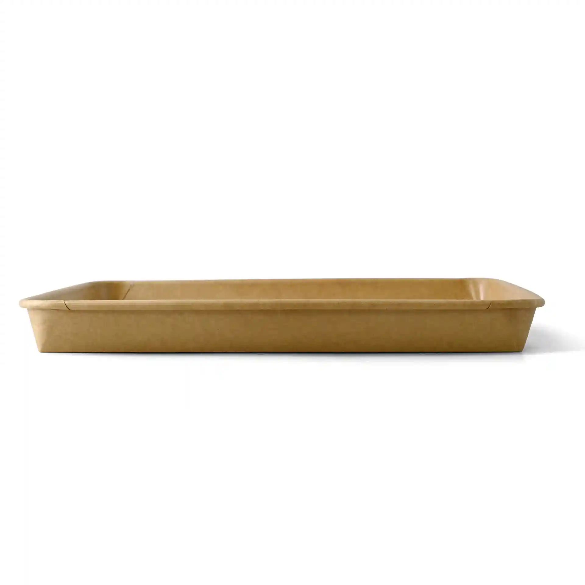 Scatola per sushi rettangolare marrone con superficie rivestita in PE, misura 25,5 x 18 x 3 cm.