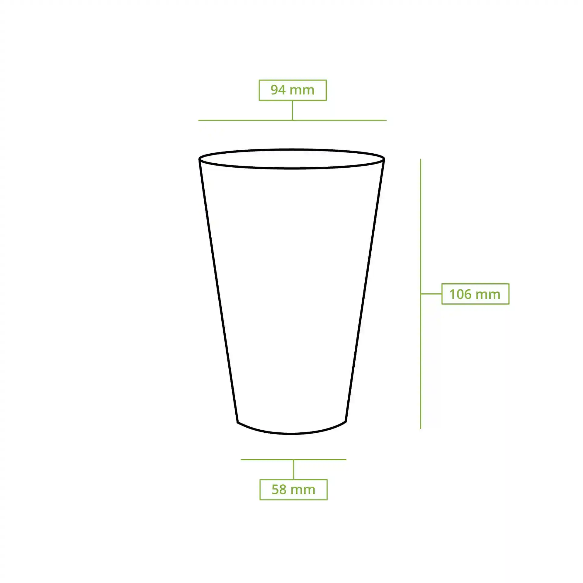 Disegno schematico di un bicchiere di plastica trasparente con dimensioni: altezza 106 mm, diametro superiore 95 mm, diametro inferiore 58 mm.