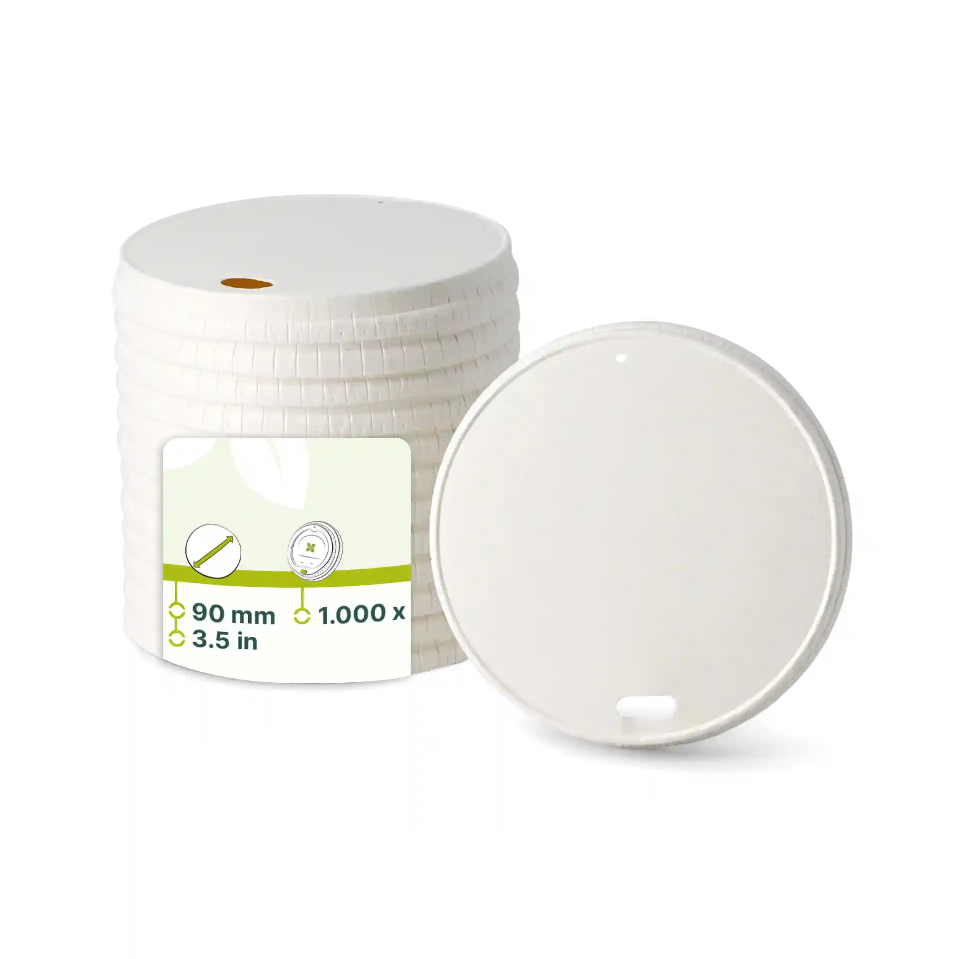 Coperchi bianchi per bicchieri con un diametro di 90 mm, impilati con un coperchio mostrato di lato.