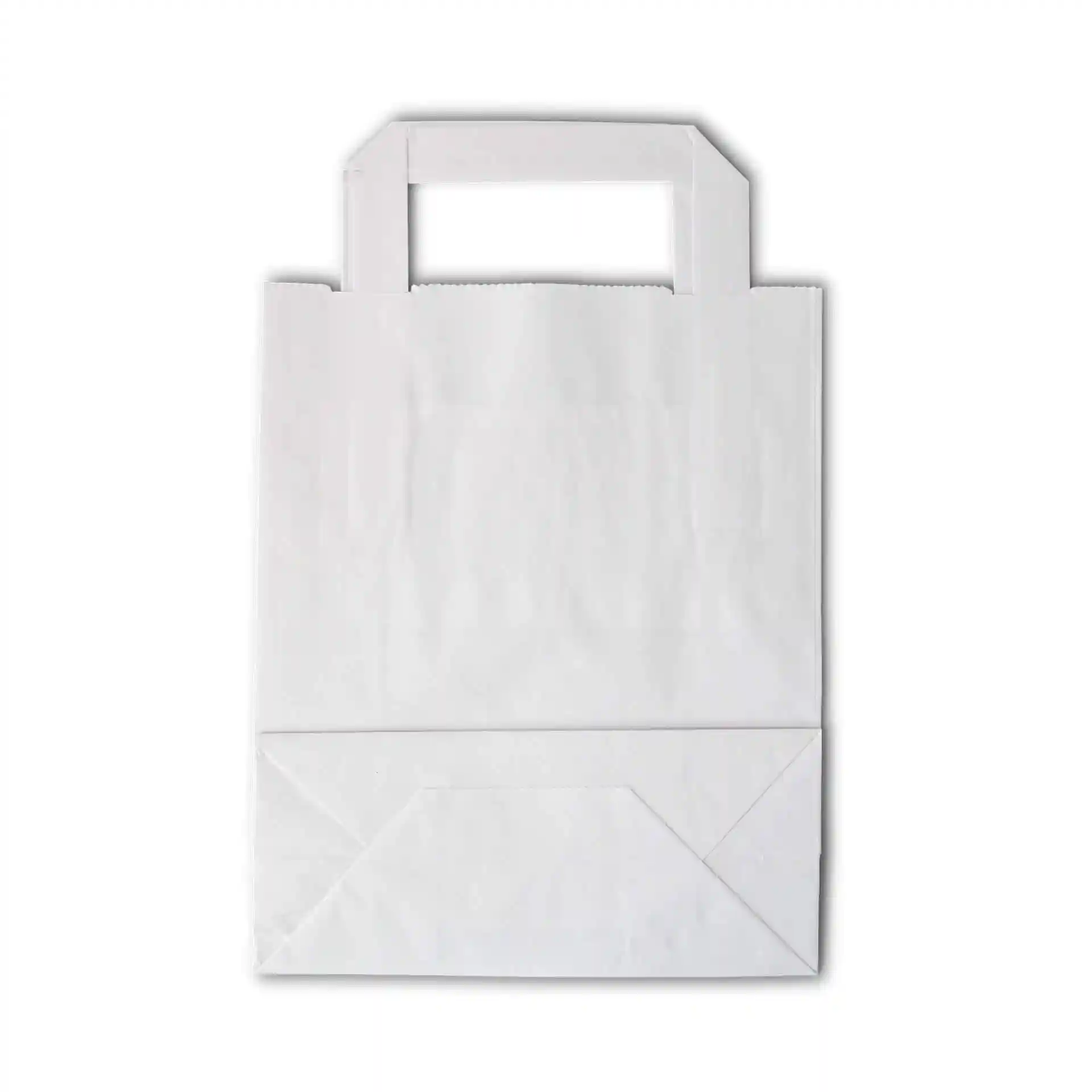 Busta in carta kraft bianca di forma rettangolare con due manici superiori, misura 18 x 8 x 22 cm.