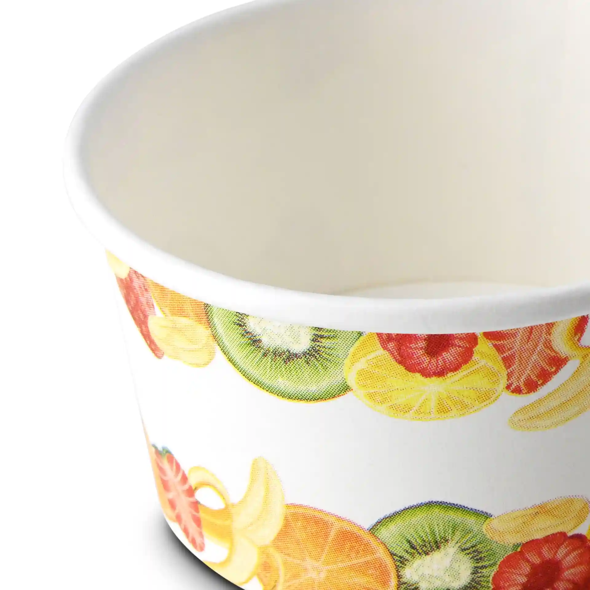 Bicchiere di carta con un design di frutta stampato, capacità di 6 oz, diametro di 92 mm in alto e altezza di 50 mm.
