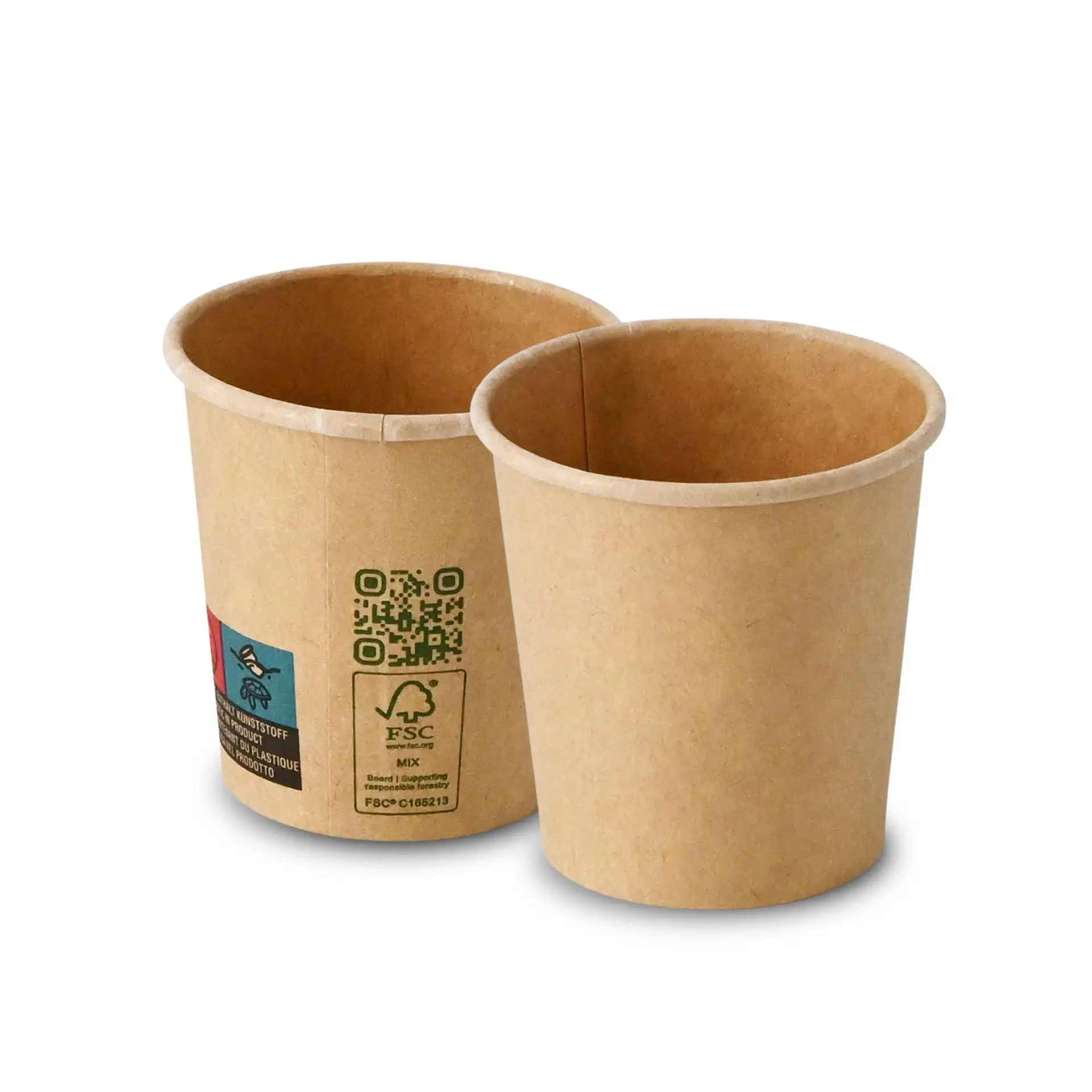 Bicchiere di carta marrone con parete singola, capacità di 100 ml, mostra due bicchieri con superfici interne ed esterne visibili.