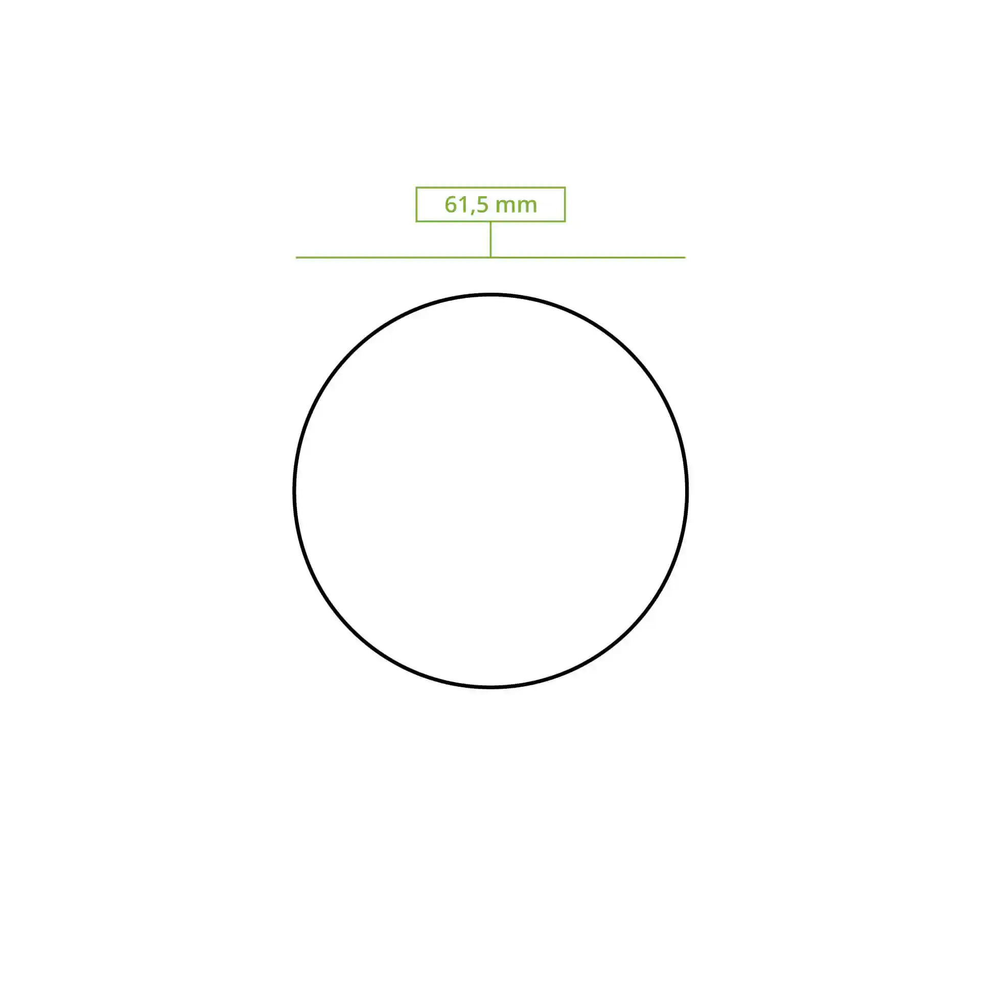 Disegno schematico di un cerchio con una misura del diametro di 61,5 mm.