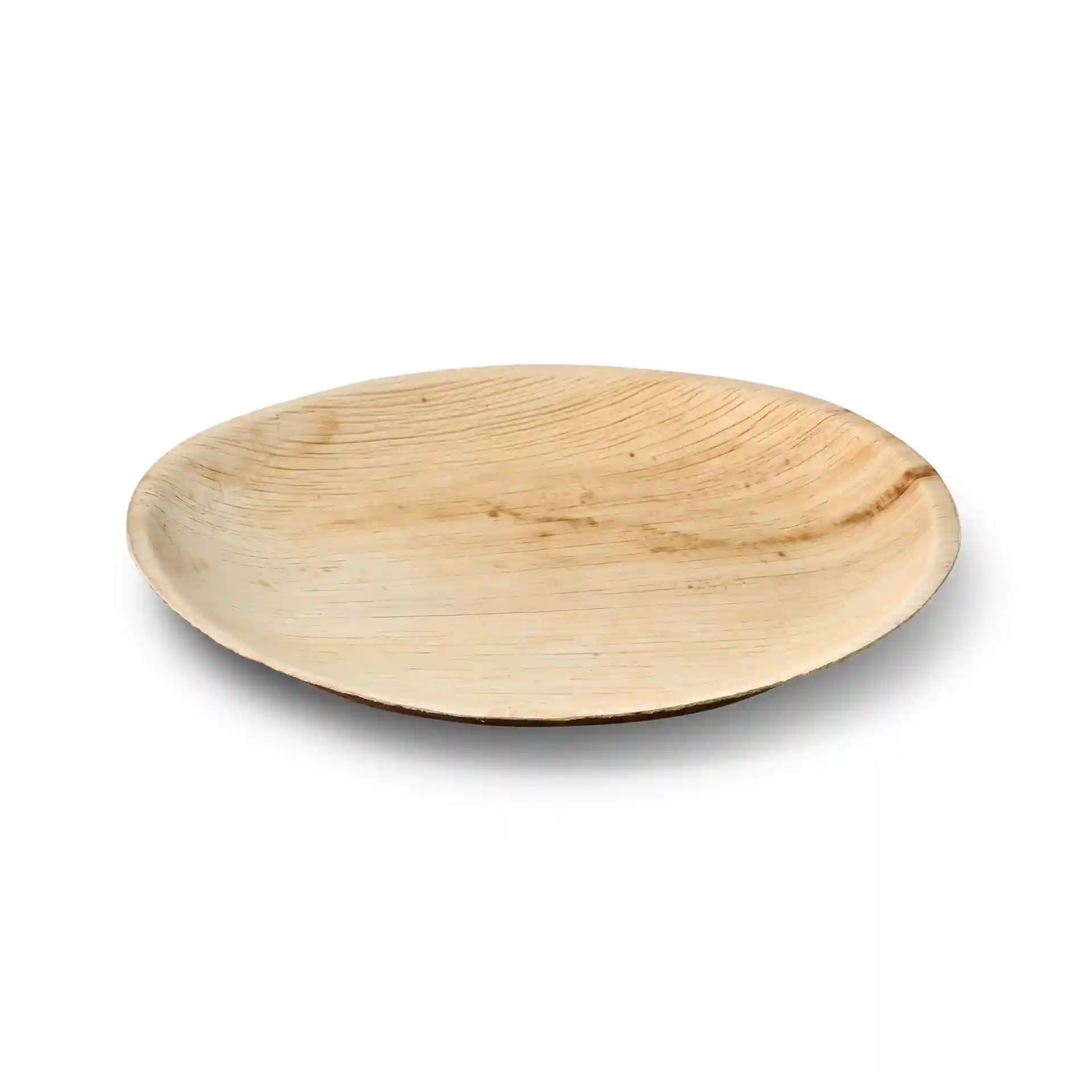 Piatto rotondo in foglia di palma con un diametro di 23 cm e design poco profondo, con una texture a grana naturale.