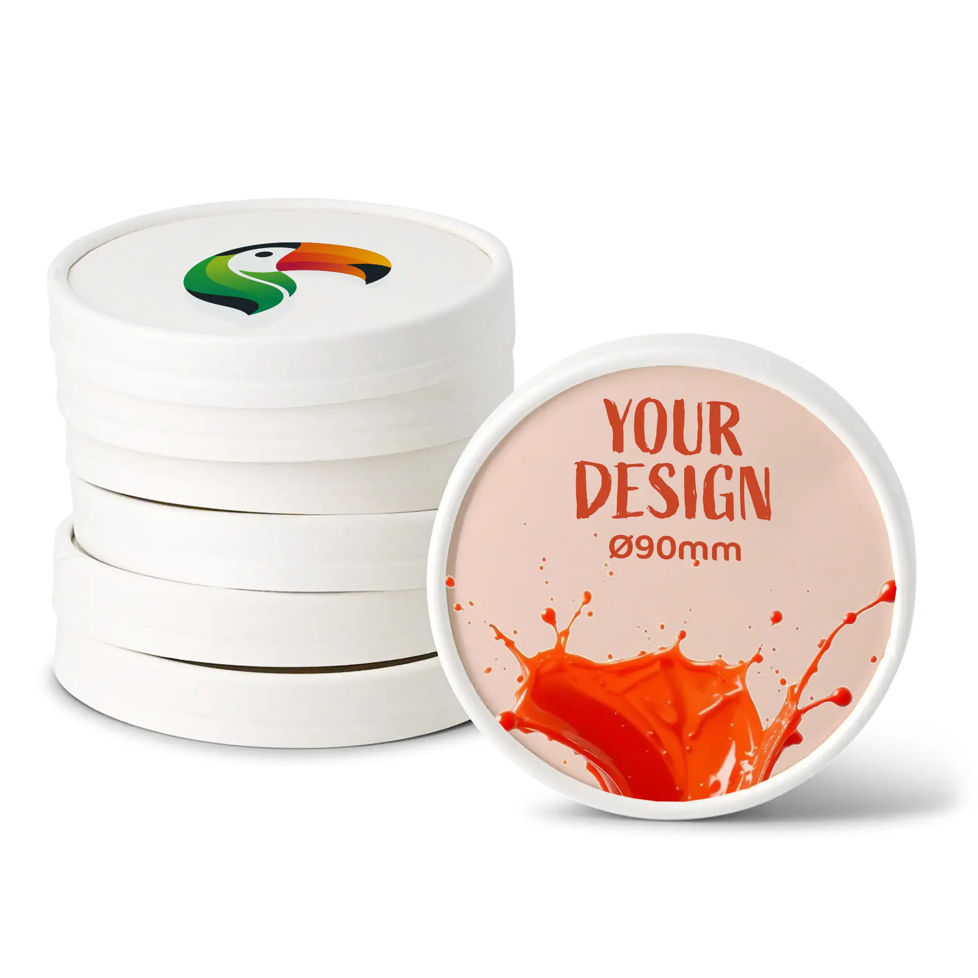 Coperchi in cartone stampati personalizzati per coppette di gelato, con logo tucano e area di design, design impilabile in bianco.