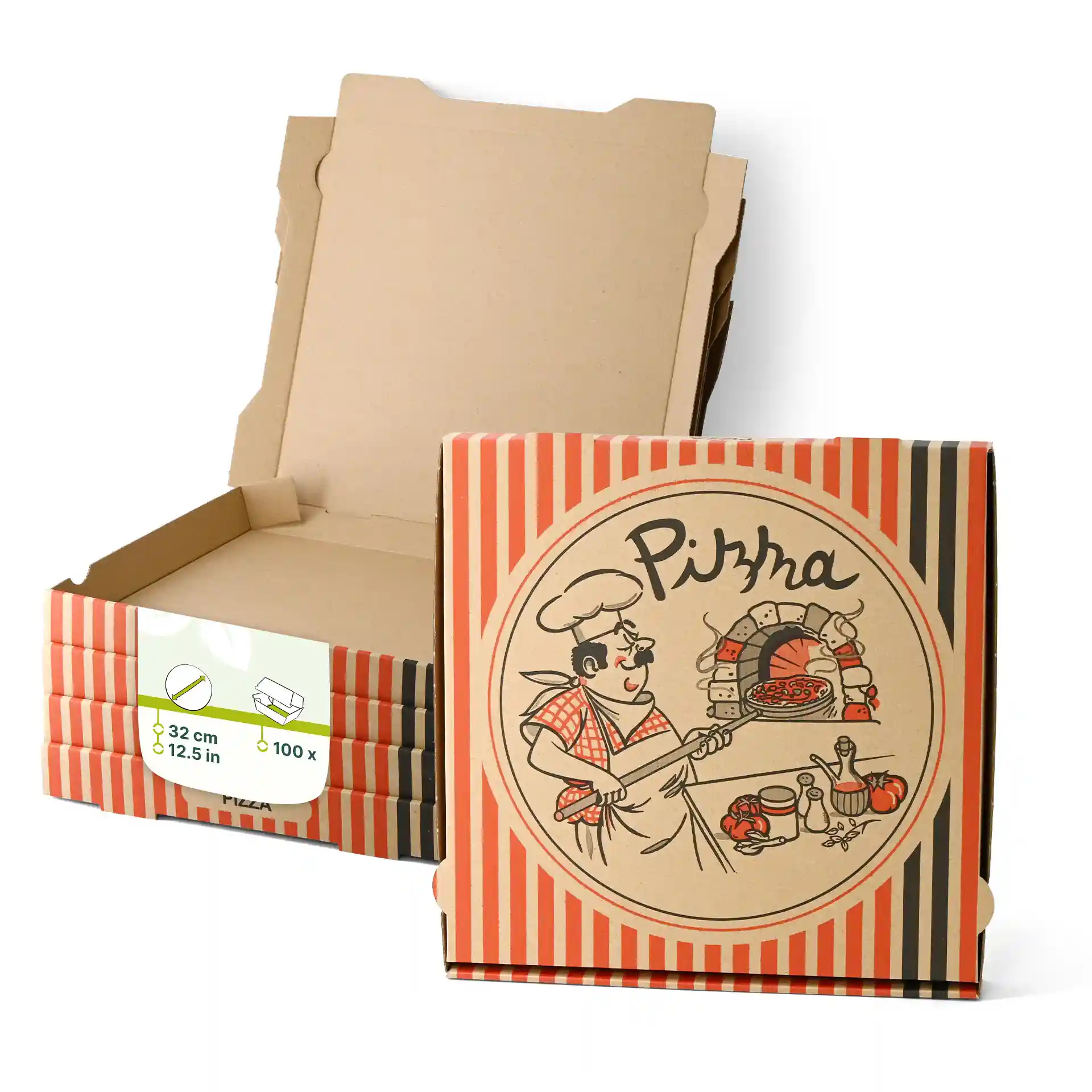 Scatola per pizza con design di chef pizzaiolo, dimensioni 32 x 32 x 4 cm, mostrata con diverse scatole impilate.