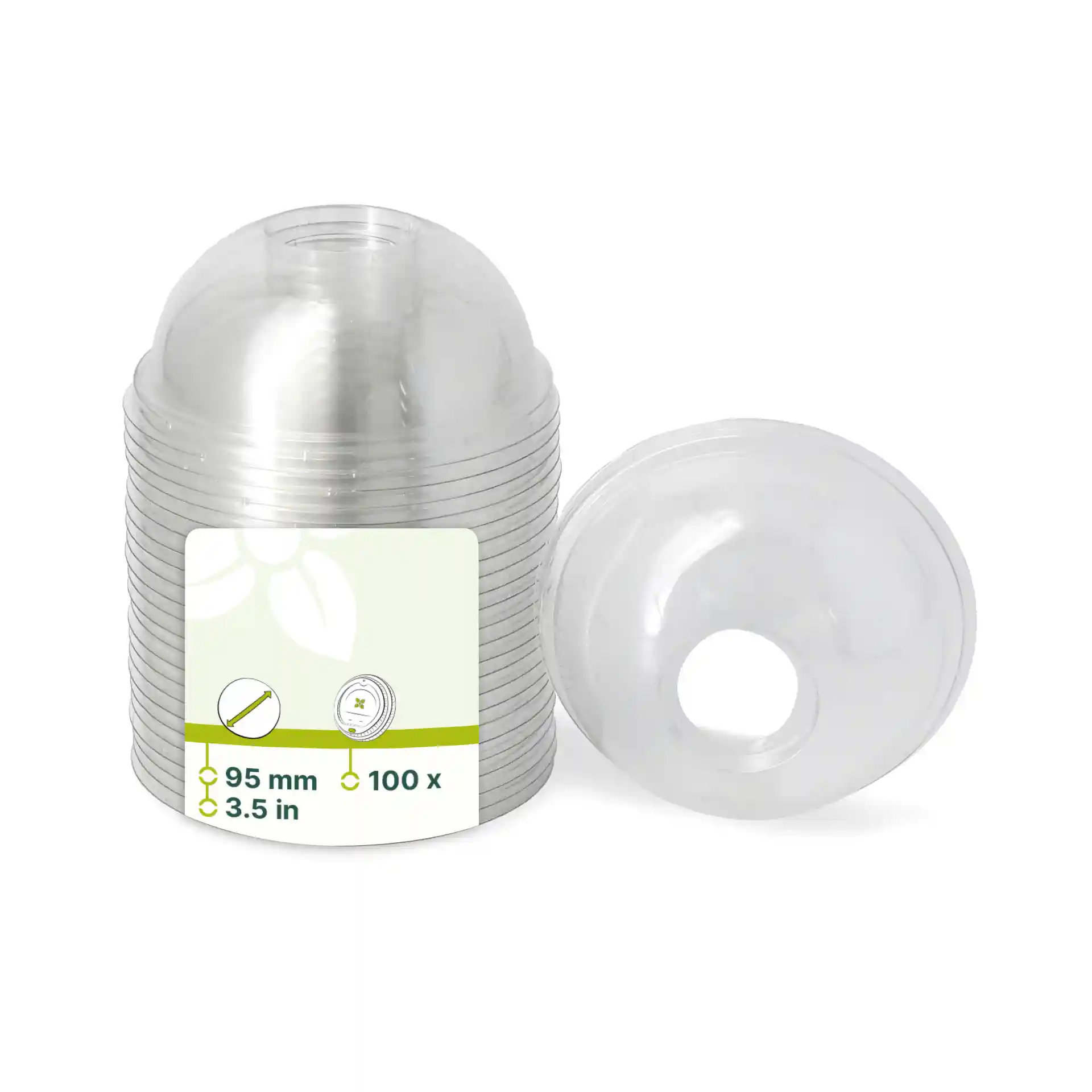 Coperchi dome in rPET trasparente con foro per cannuccia, diametro 95 mm, impilati con un coperchio accanto.