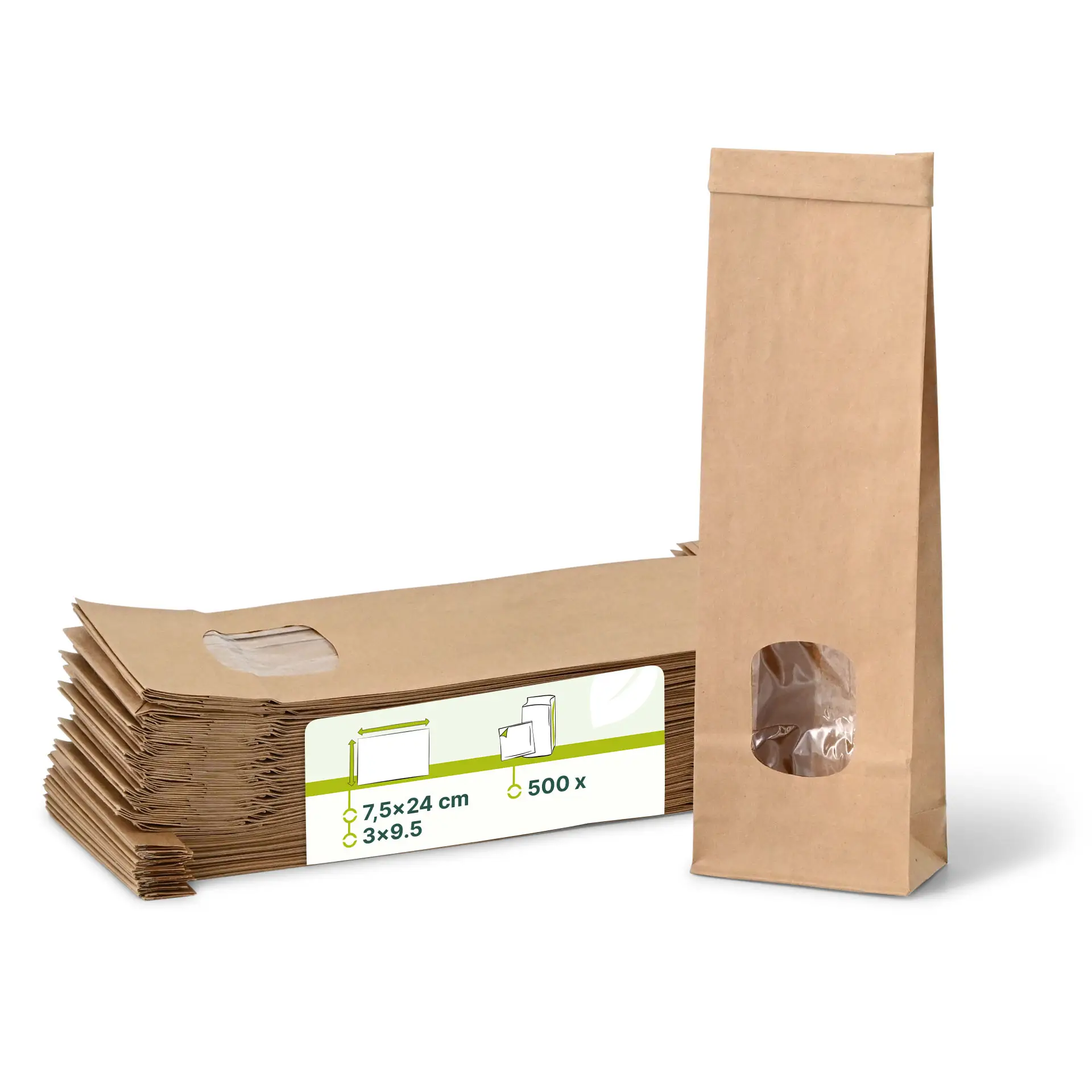 Blockbeutel m. Fenster XS, 7,5 x 4,5 x 24 cm, PP-Folie, braun, Clipband, Kraftpapier