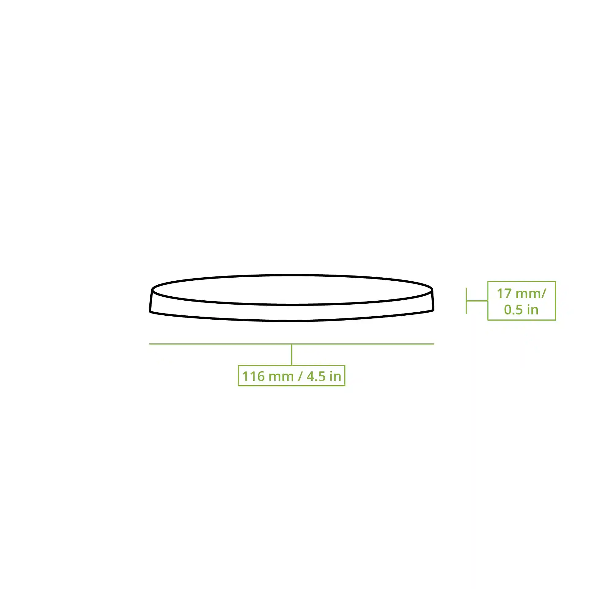 Disegno schematico di un coperchio rotondo in cartone con diametro di 116 mm e altezza di 17 mm.
