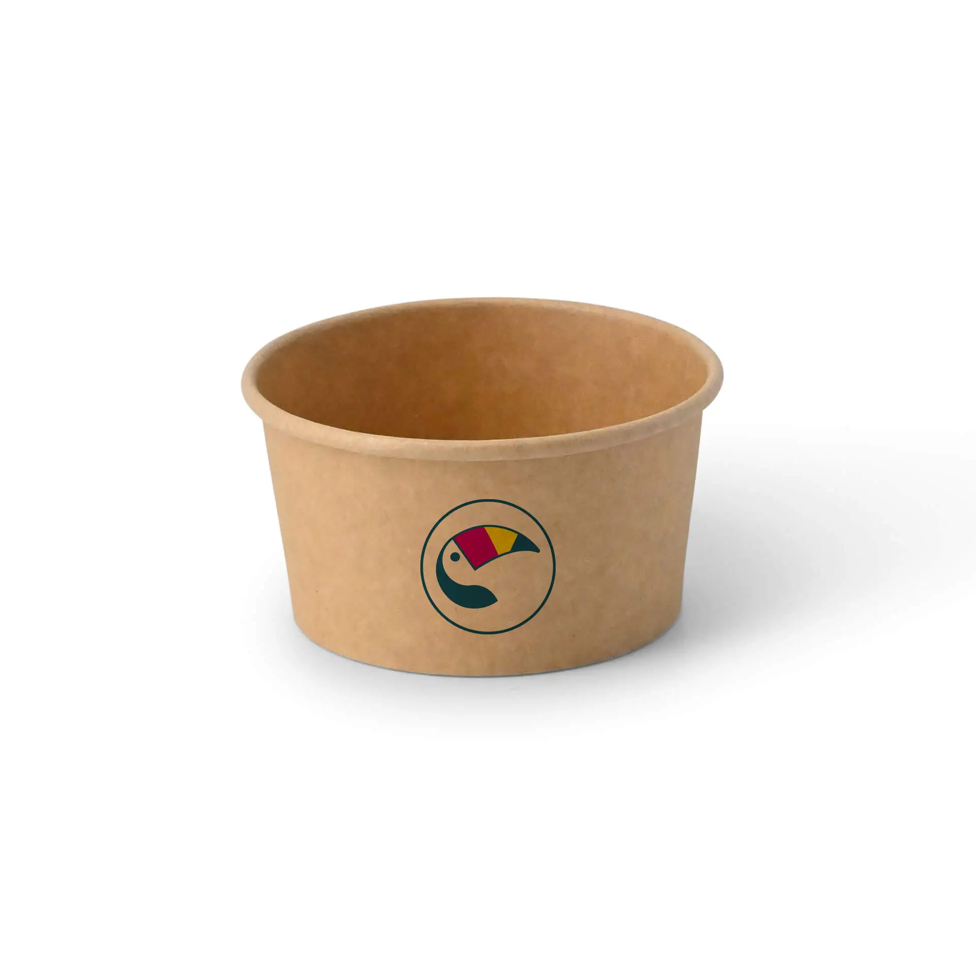 Coppetta per gelato marrone con logo di tucano colorato, con rivestimento in PE e capacità di 150 ml (6 oz).