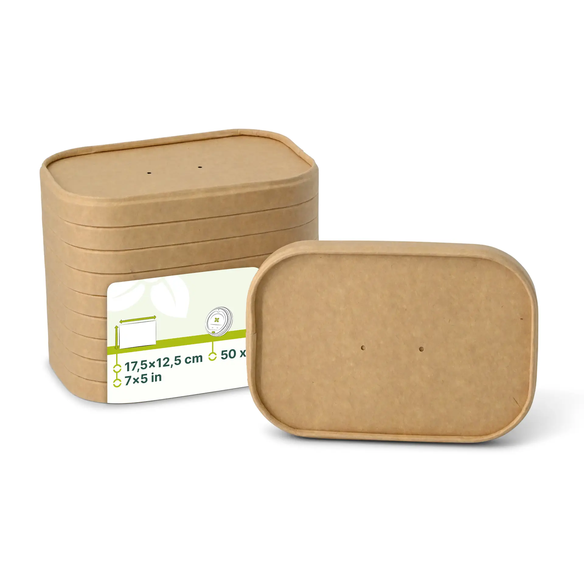 Coperchi rettangolari in cartone marrone per contenitori per alimenti, 17,5 x 12,5 cm; design impilabile con fori per l'uscita del vapore.