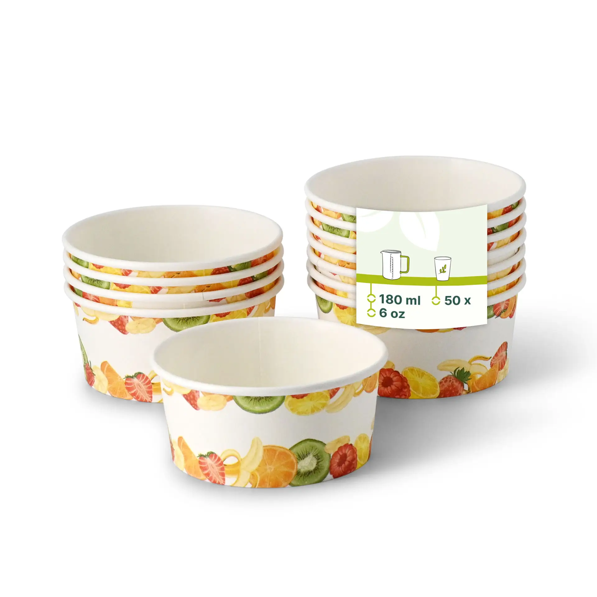 Una coppetta di carta per gelato stampata con un design di frutta a fuoco; altre coppette simili mostrate con opacità ridotta.