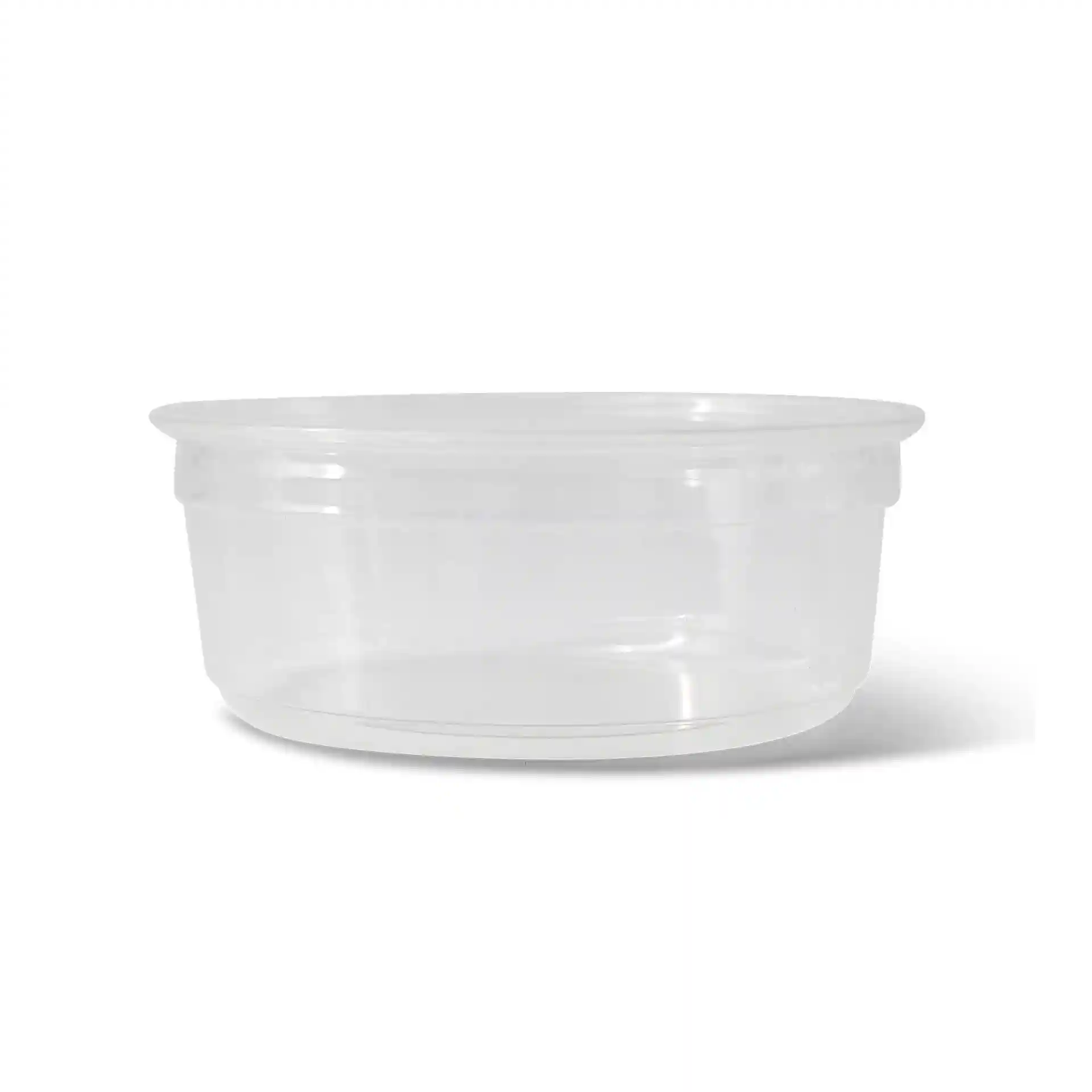 Contenitore rotondo trasparente con un diametro di 117 mm e un'altezza di 43 mm, capienza di 250 ml.