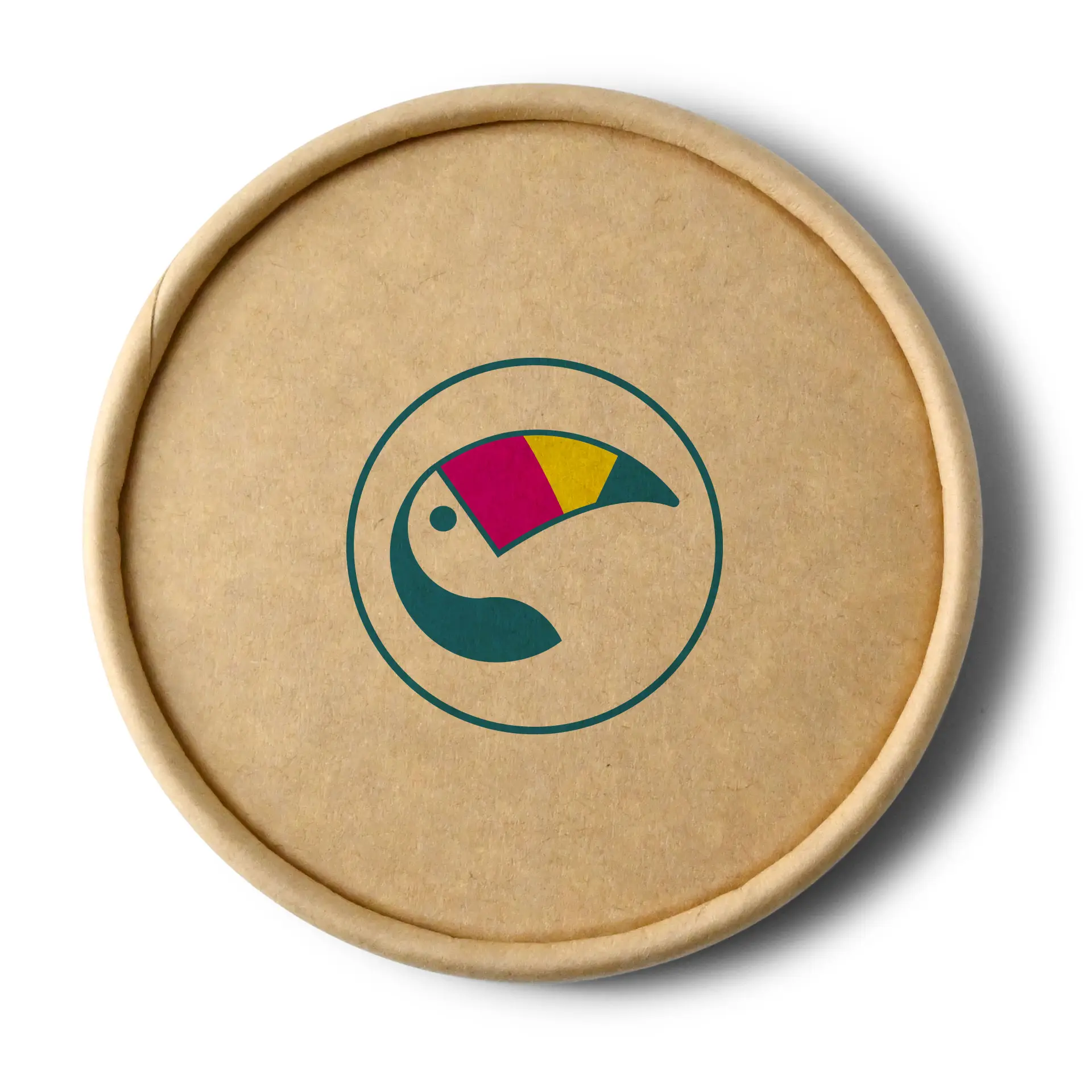 Coperchio in cartone marrone per bicchieri con un logo di tucano colorato, adatto per alimenti caldi e freddi.