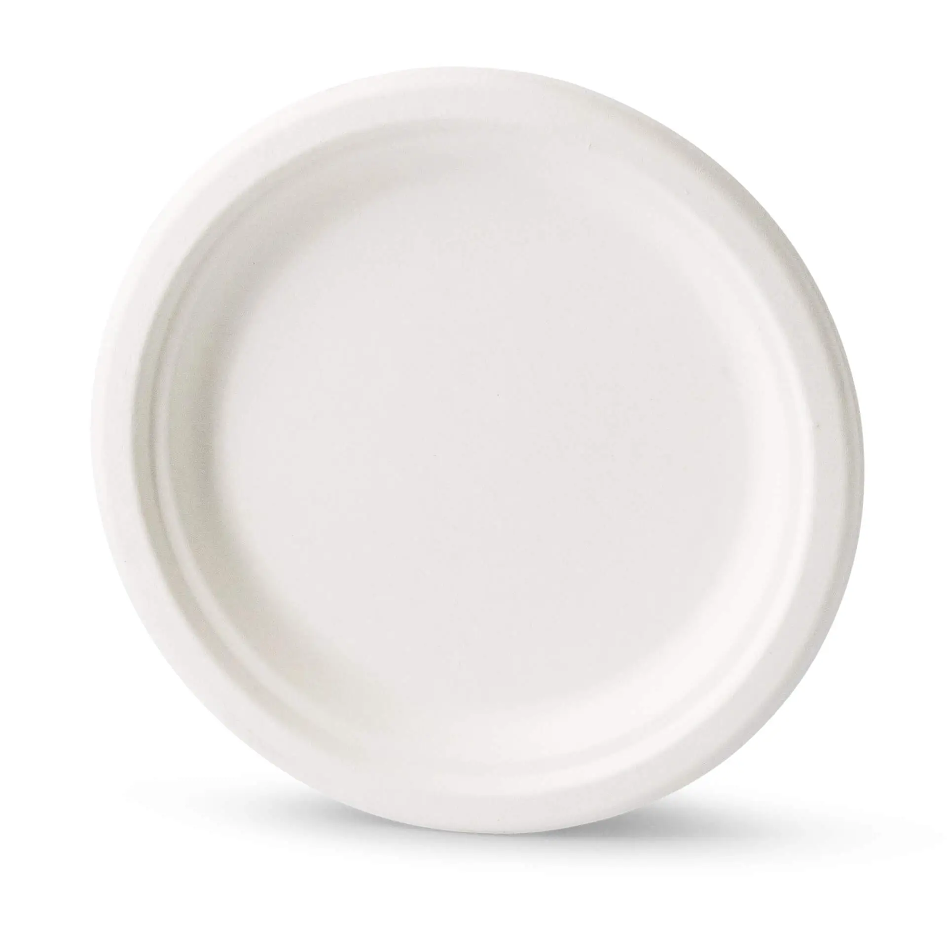 Piatto rotondo in canna da zucchero bianco, diametro di 22 cm, adatto per piatti caldi e freddi; biodegradabile e compostabile.