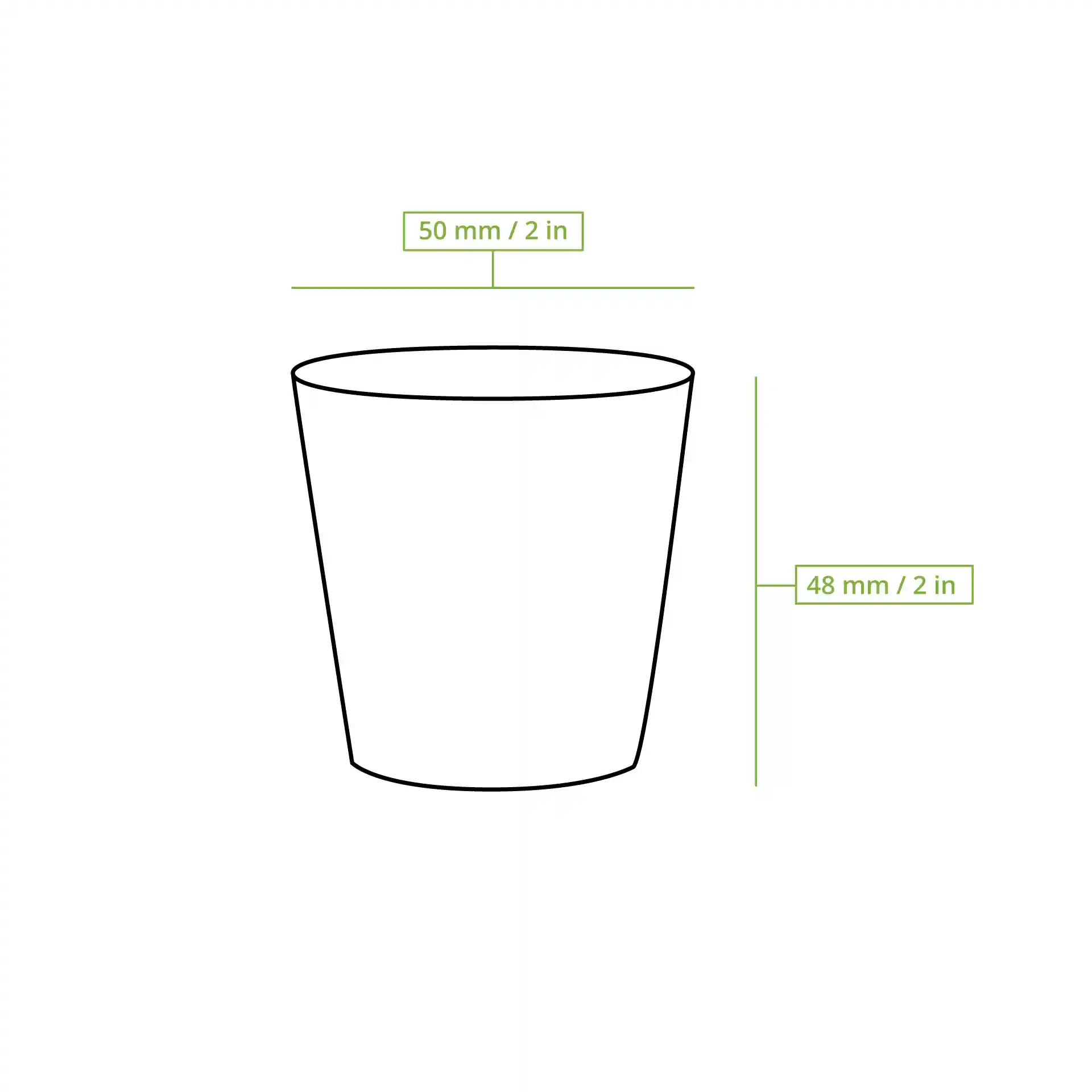 Disegno schematico di un bicchiere con linee di dimensione che indicano un'altezza di 50 mm e un diametro di 50 mm.