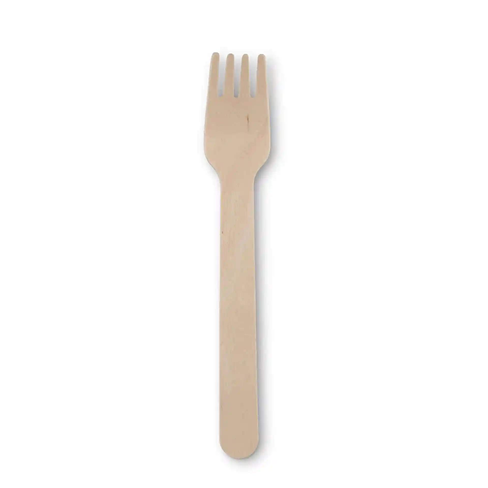 Forchetta in legno per torta, lunga 14 cm, con finitura in legno marrone e quattro punte, su sfondo bianco.