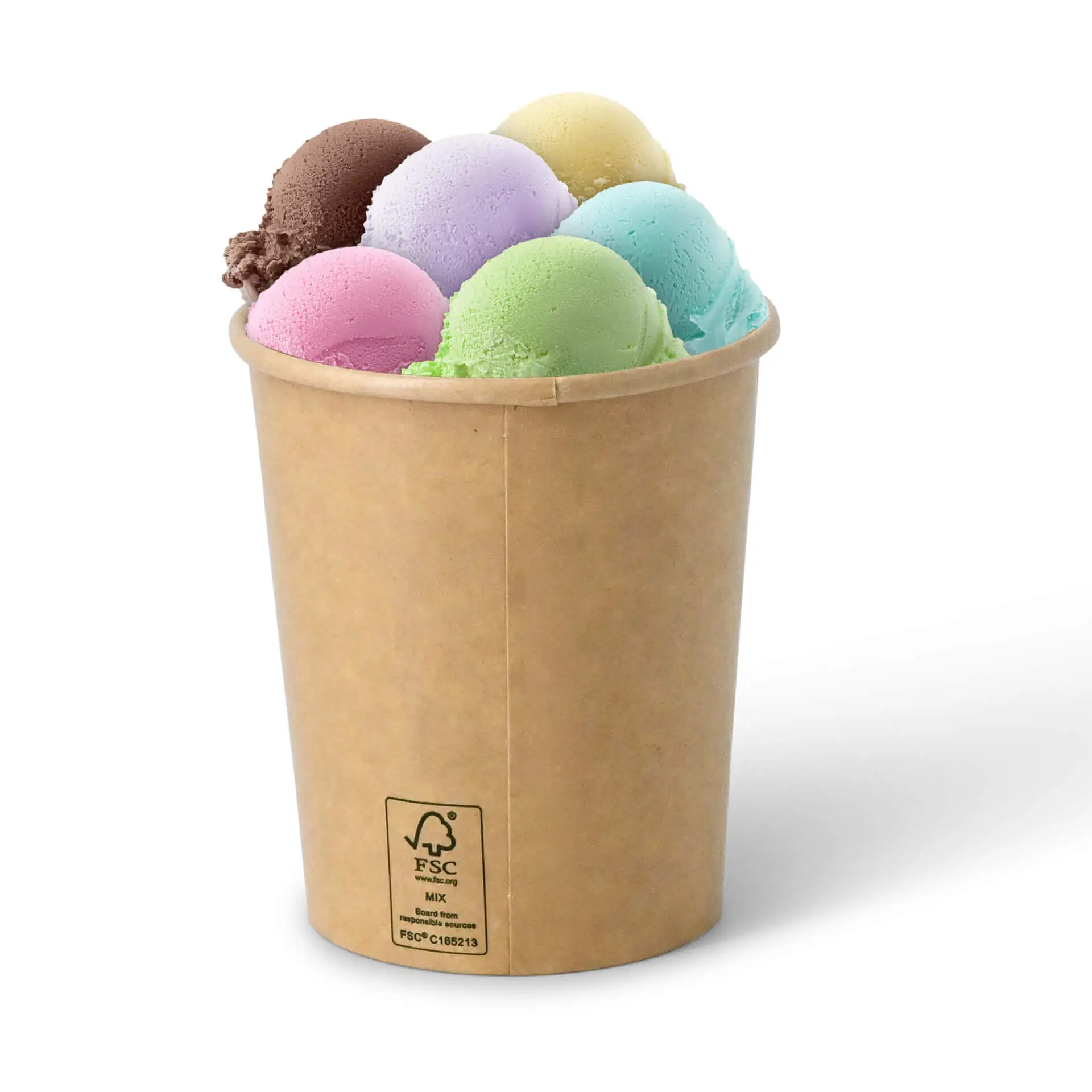Un cup in carta per gelato riempito con palline di gelato colorate; il cup è marrone con etichette ecologiche.