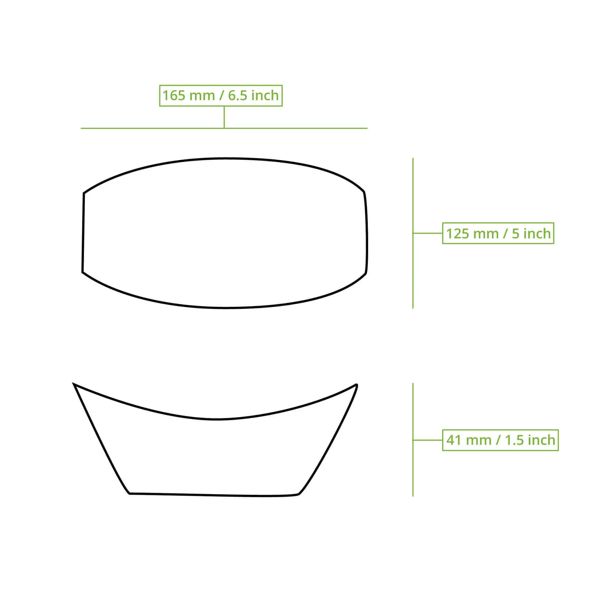 Ciotola per snack resistente al grasso con dimensioni di 165 x 125 x 41 mm; adatta per cibi caldi e freddi, design biodegradabile.