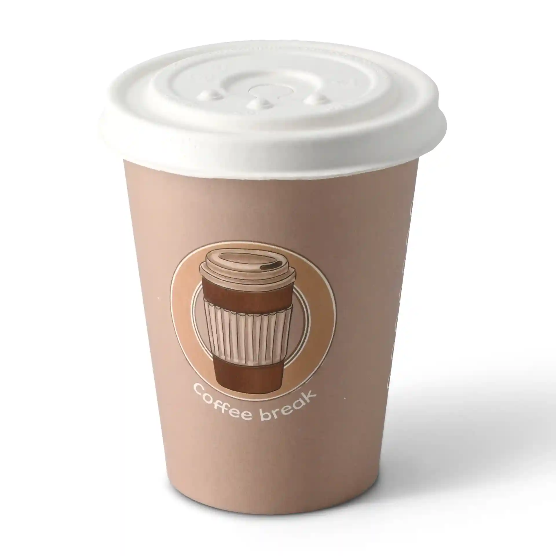 Bicchiere di carta marrone con un coperchio bianco, con una grafica di caffè e il testo "pausa caffè" sul davanti.