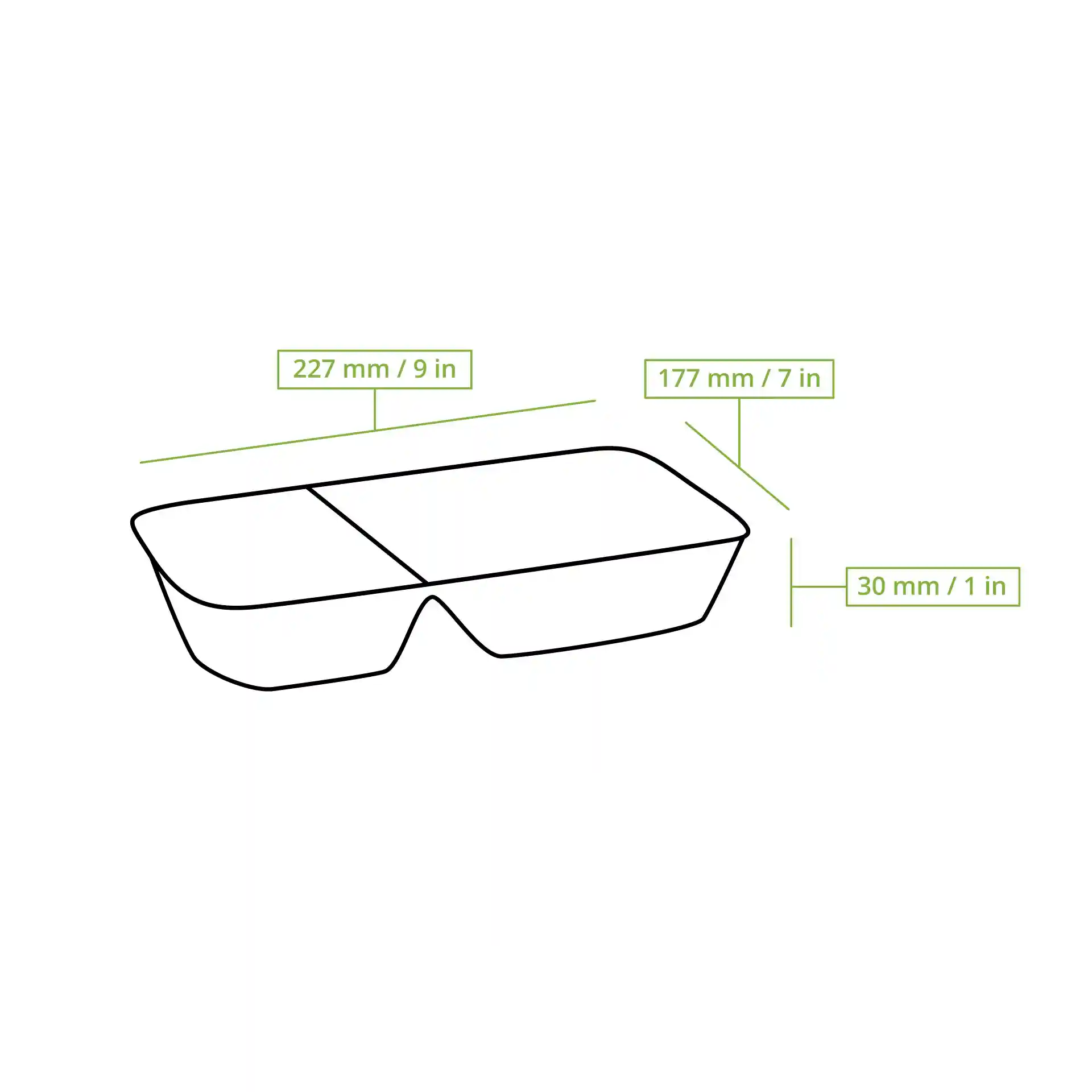 Disegno schematico di un vassoio per pasti in alluminio rettangolare con due scomparti e linee di misura.