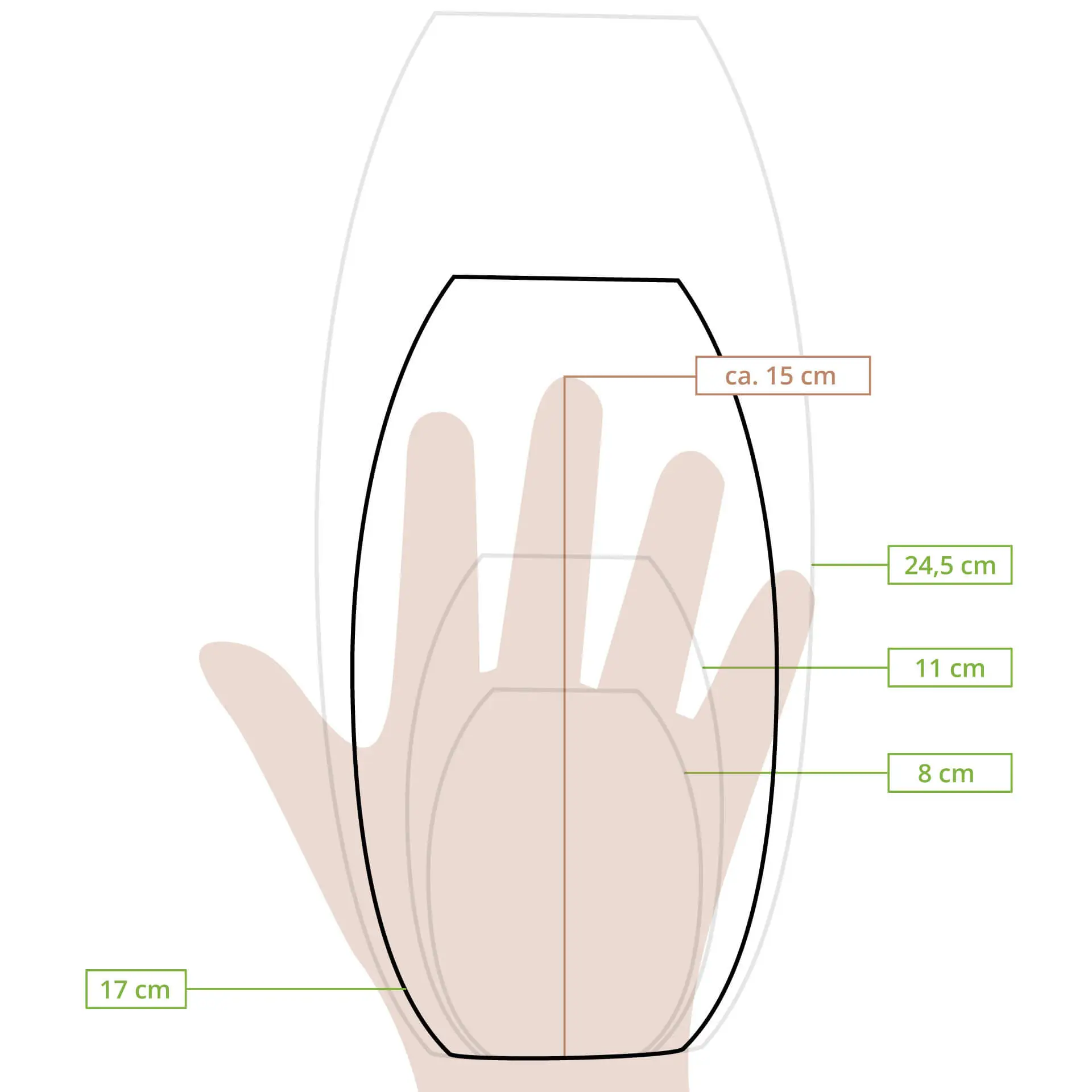 Contorno di una mano che tiene una barca in legno di alta qualità alta 17 cm, con indicatori di misura per dimensioni e forma.