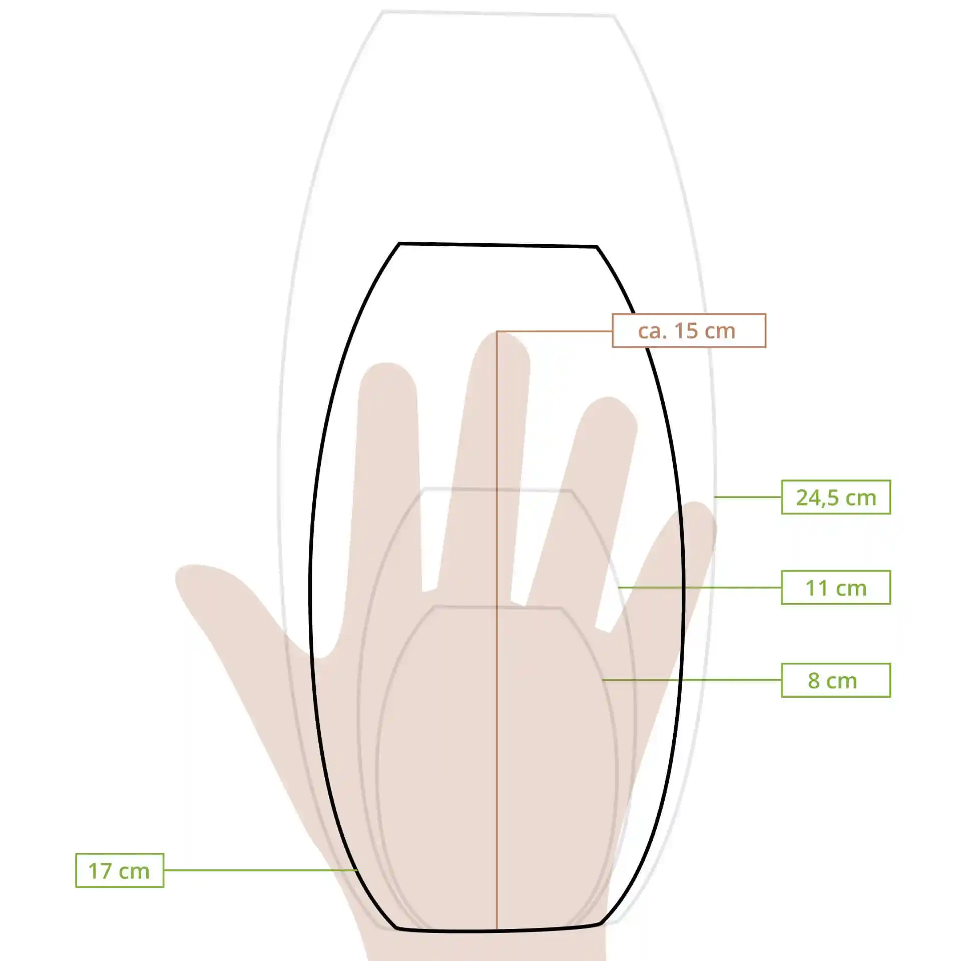 Disegno schematico di un oggetto a forma di barca con linee di dimensione: 24,5 cm di altezza, 15 cm di larghezza e 17 cm di profondità.