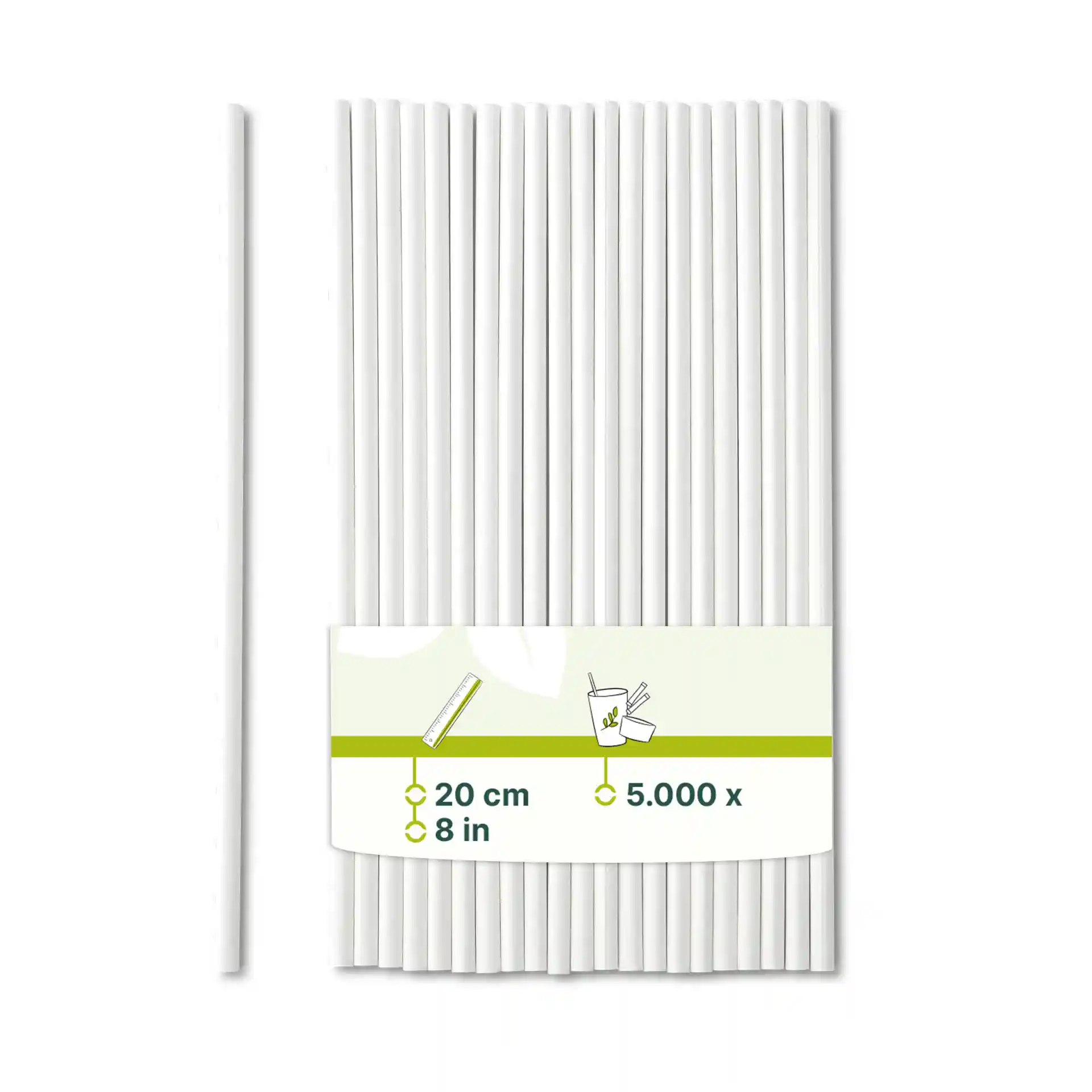Cannucce di carta bianche, lunghe 20 cm e con un diametro di 0,5 cm, esposte con un'etichetta.