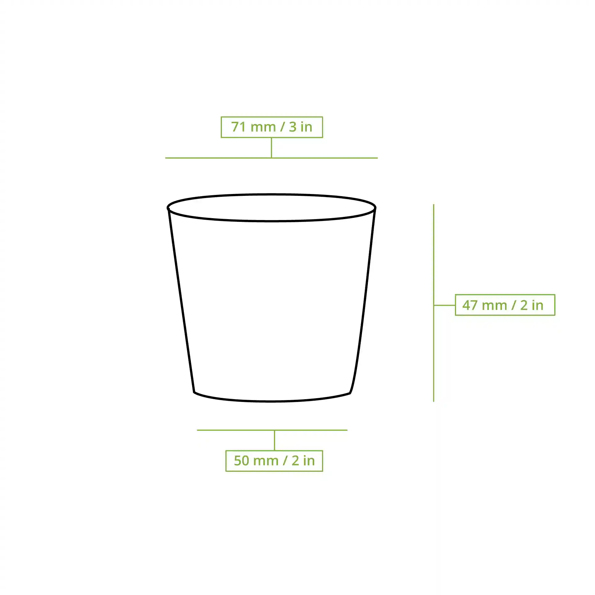 Disegno schematico di un bicchiere rotondo con dimensioni: altezza 47 mm, diametro superiore 70 mm, diametro inferiore 50 mm.