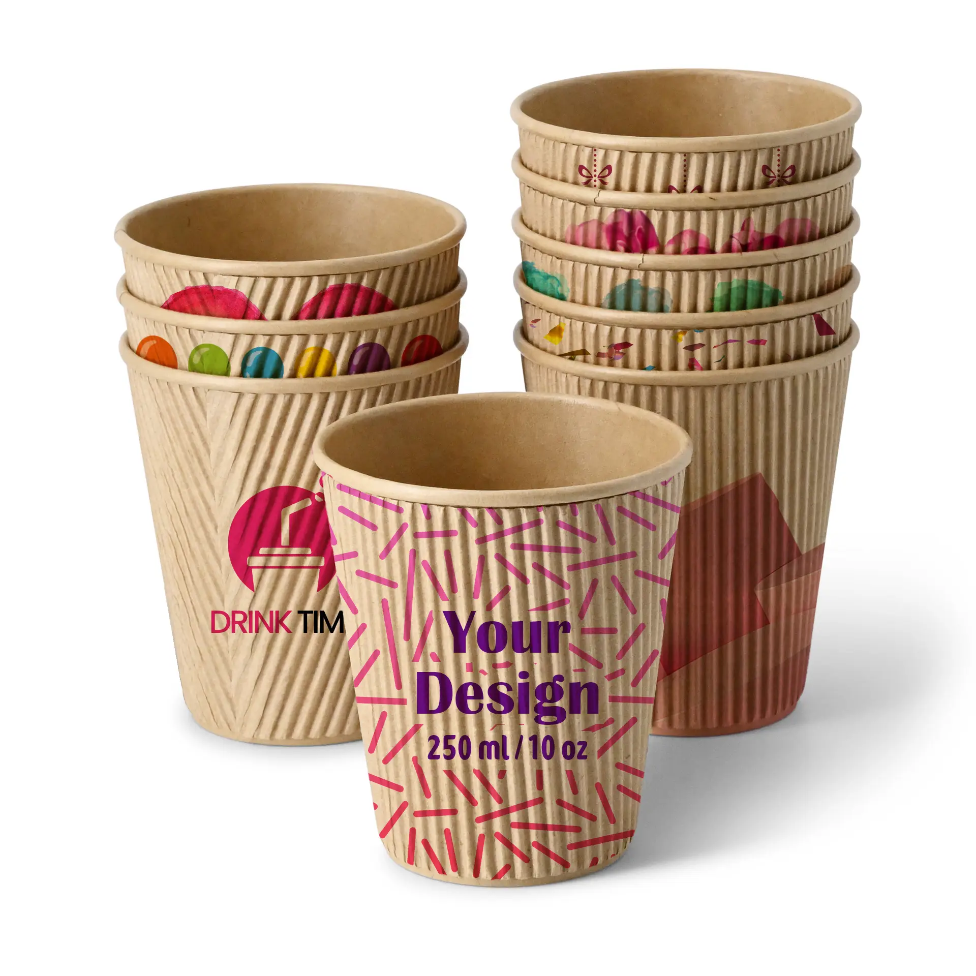 Riffelbecher bedruckt, 250 ml / 10 oz, braun, PE-beschichtung