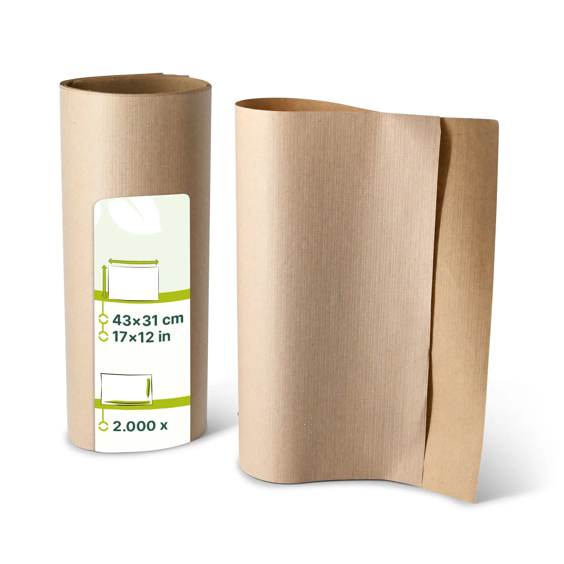Due rotoli di tovagliette in rPaper non sbiancato, ciascuna misura 43 x 31 cm, con un'etichetta che mostra dimensioni e quantità.