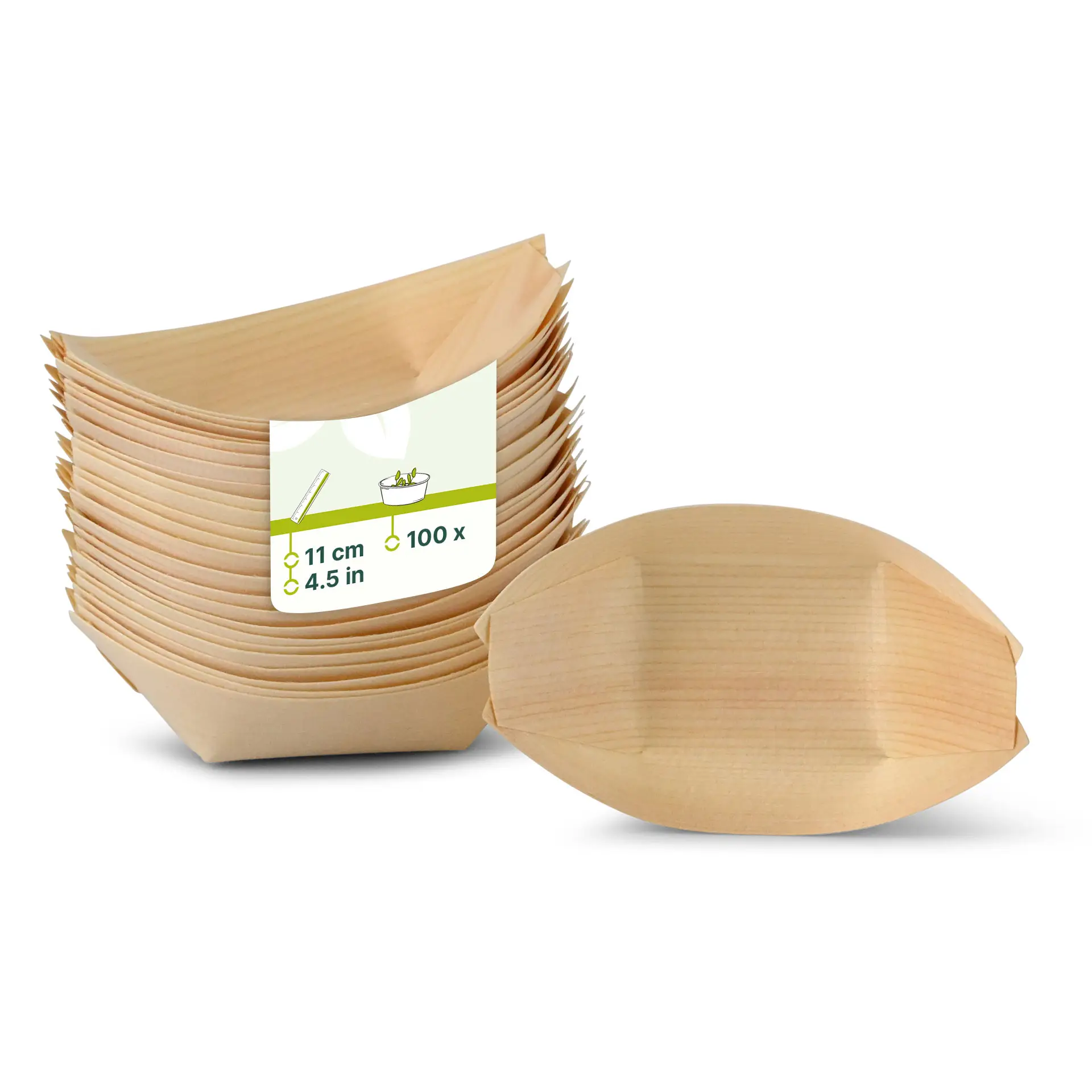 Pila di contenitori in legno a forma di barca, lunghi 11 cm, con un contenitore davanti che mostra un'etichetta.
