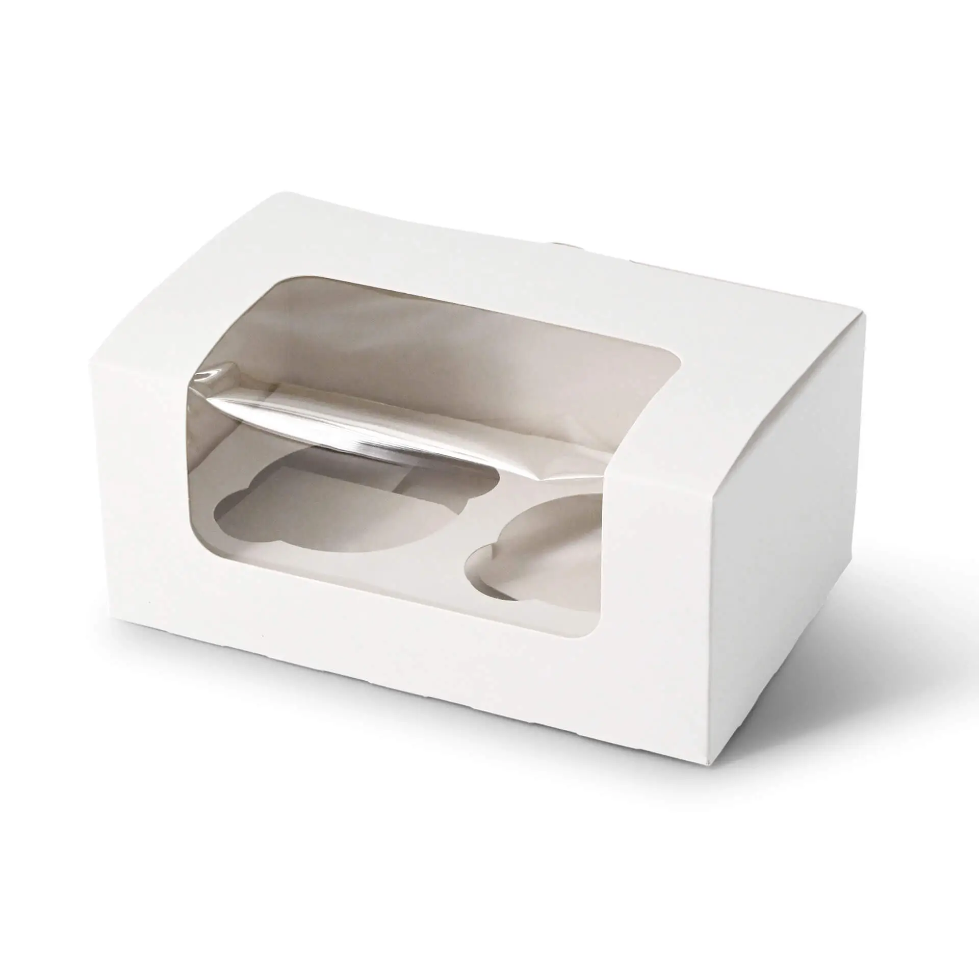 Scatola per cupcake bianca in 2 pezzi con finestra in cellulosa, adatta per muffin, cupcake o piccoli dolci.