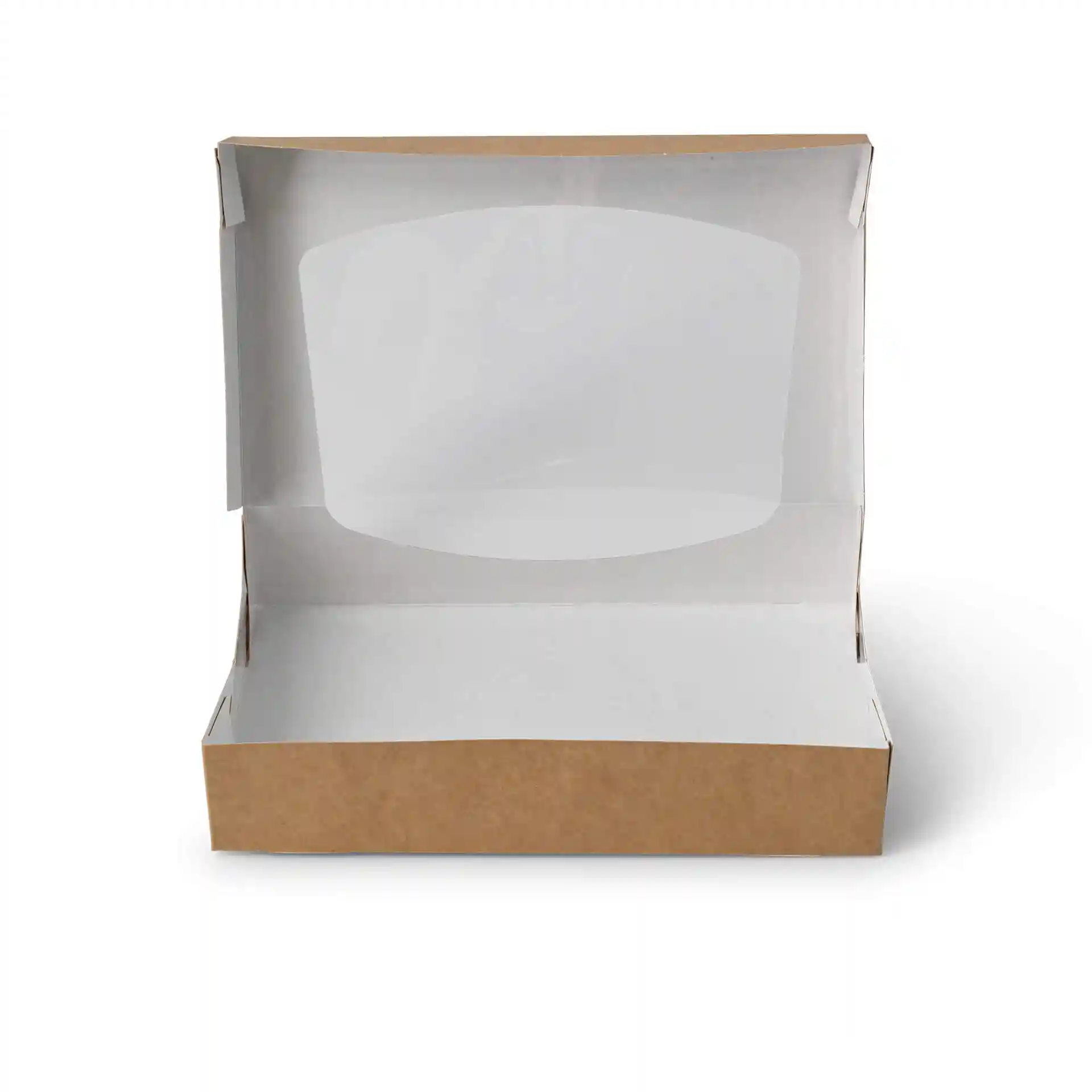 Scatola di cartone marrone con interno bianco, misura 20 x 12 x 4 cm, aperta e vuota.