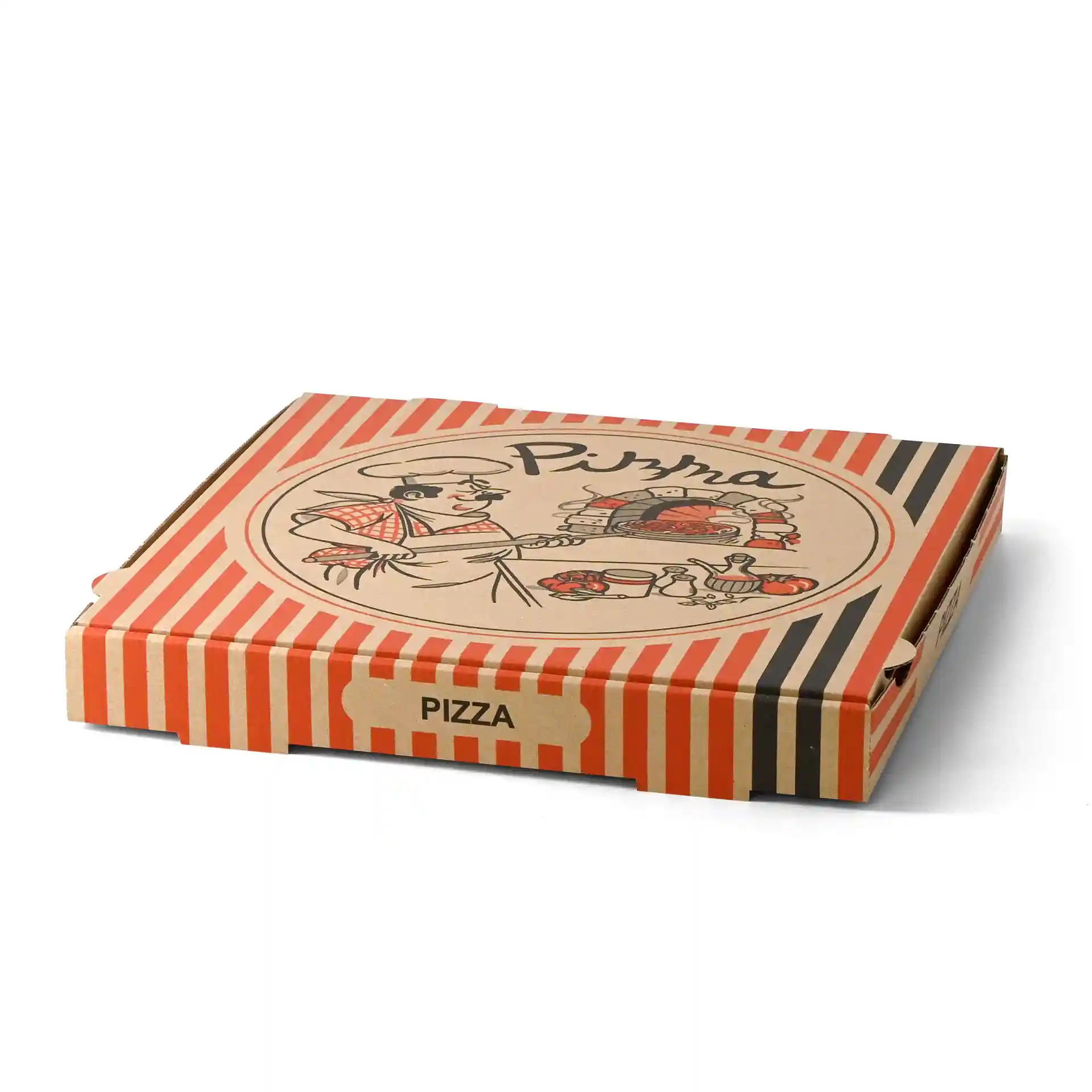 Scatola per pizza con design marrone raffigurante un pizzaiolo, misura 32 x 32 x 4 cm.