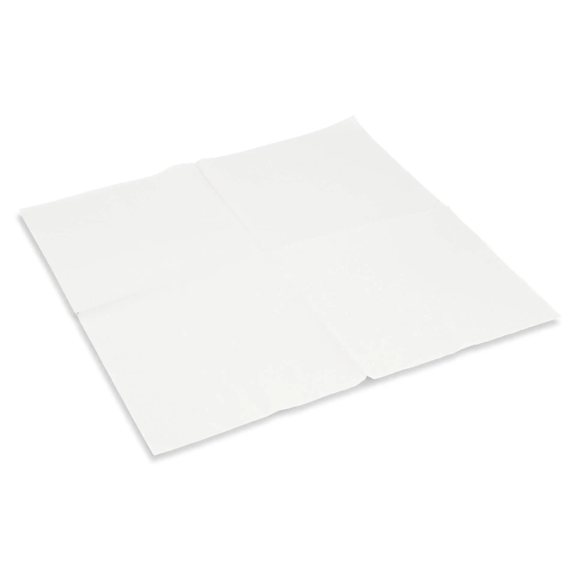 Tovagliolo in carta riciclata bianco, quadrato, 2 veli, 33 x 33 cm, piegato in quarti, con simbolo di riciclo stampato.