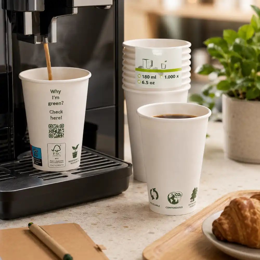 Coppette bianche monouso accanto a una macchina da caffè con caffè caldo versato.