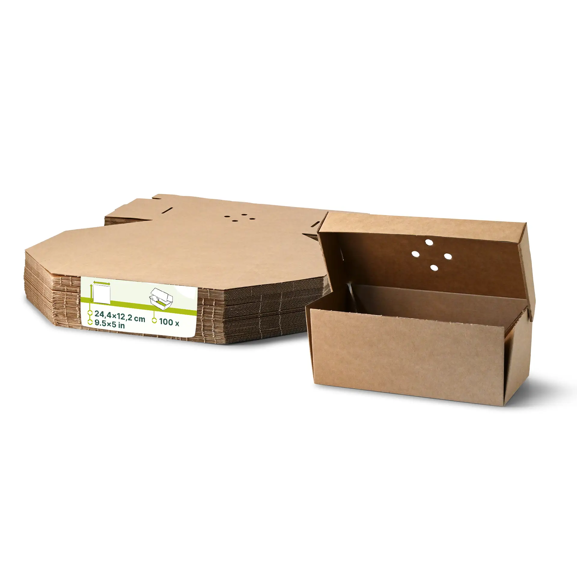 Burgerboxen doppelt 24,4 x 12,2 x 10,2 cm, Kraftkarton, braun, faltbar