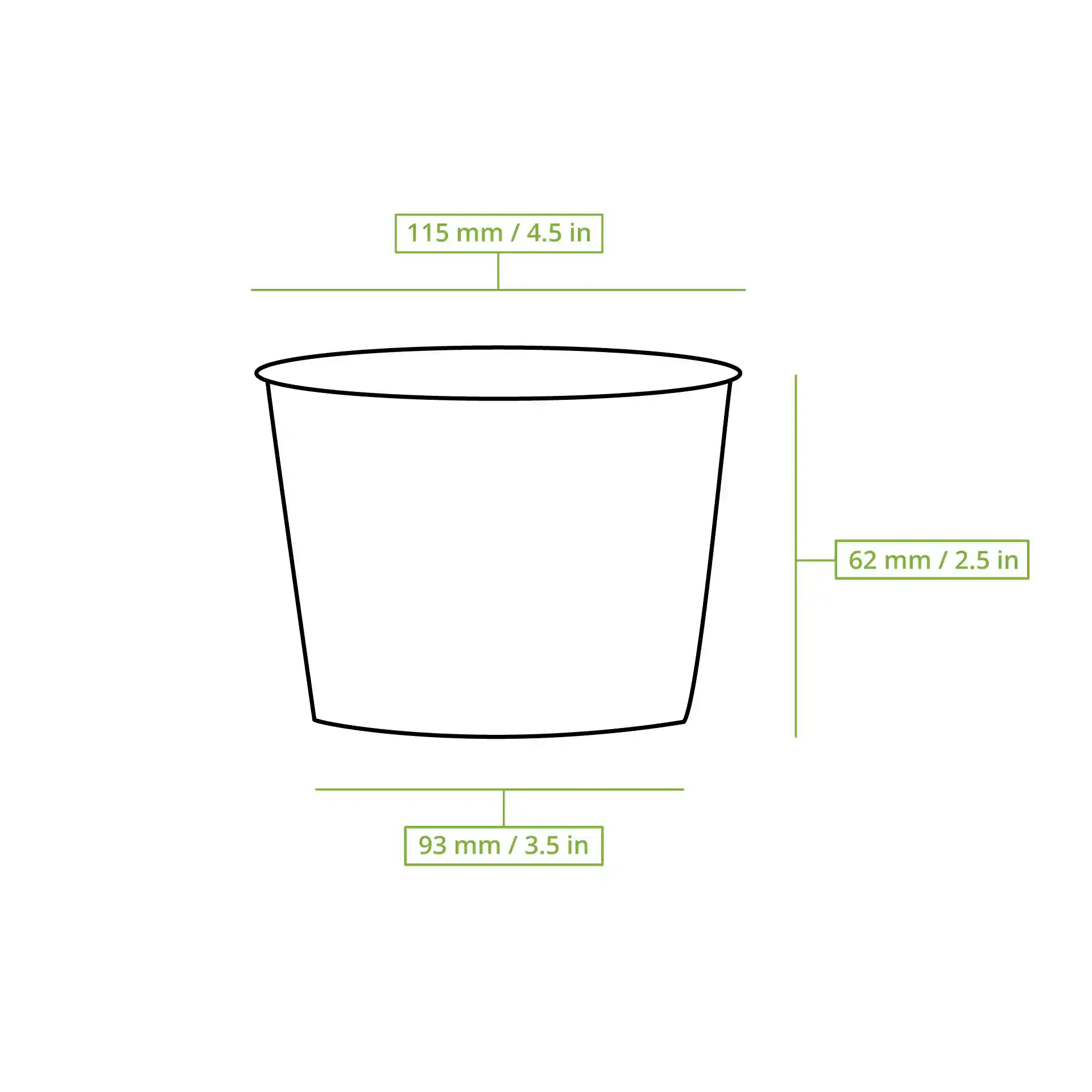 Disegno schematico di un contenitore rotondo per zuppa in carta con dimensioni: altezza 62 mm, diametro superiore 115 mm, diametro inferiore 93 mm.
