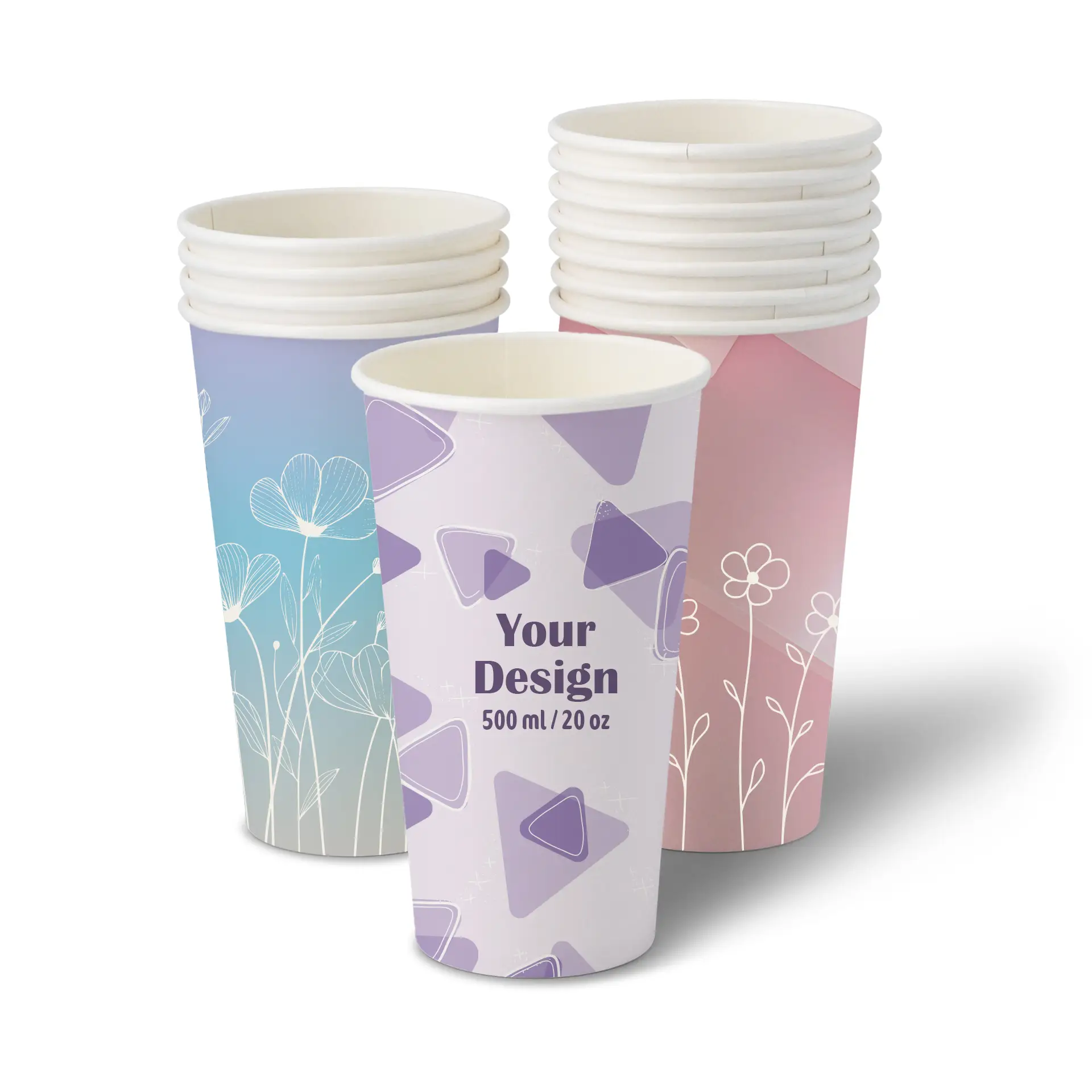 Un bicchiere di carta personalizzabile da 500 ml con un design di triangoli viola; diversi bicchieri simili mostrati con opacità ridotta sullo sfondo.