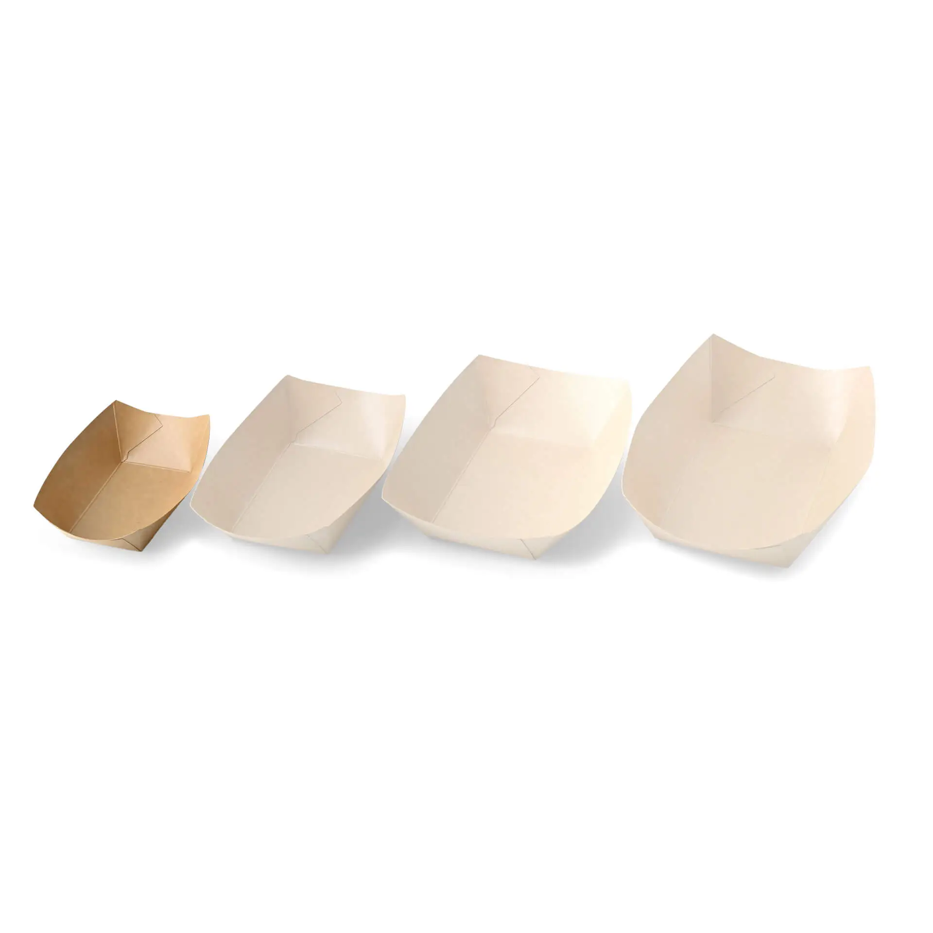 Vassoi per snack in cartone marrone con rivestimento a dispersione a base d'acqua; quattro vassoi di varie dimensioni mostrati insieme.