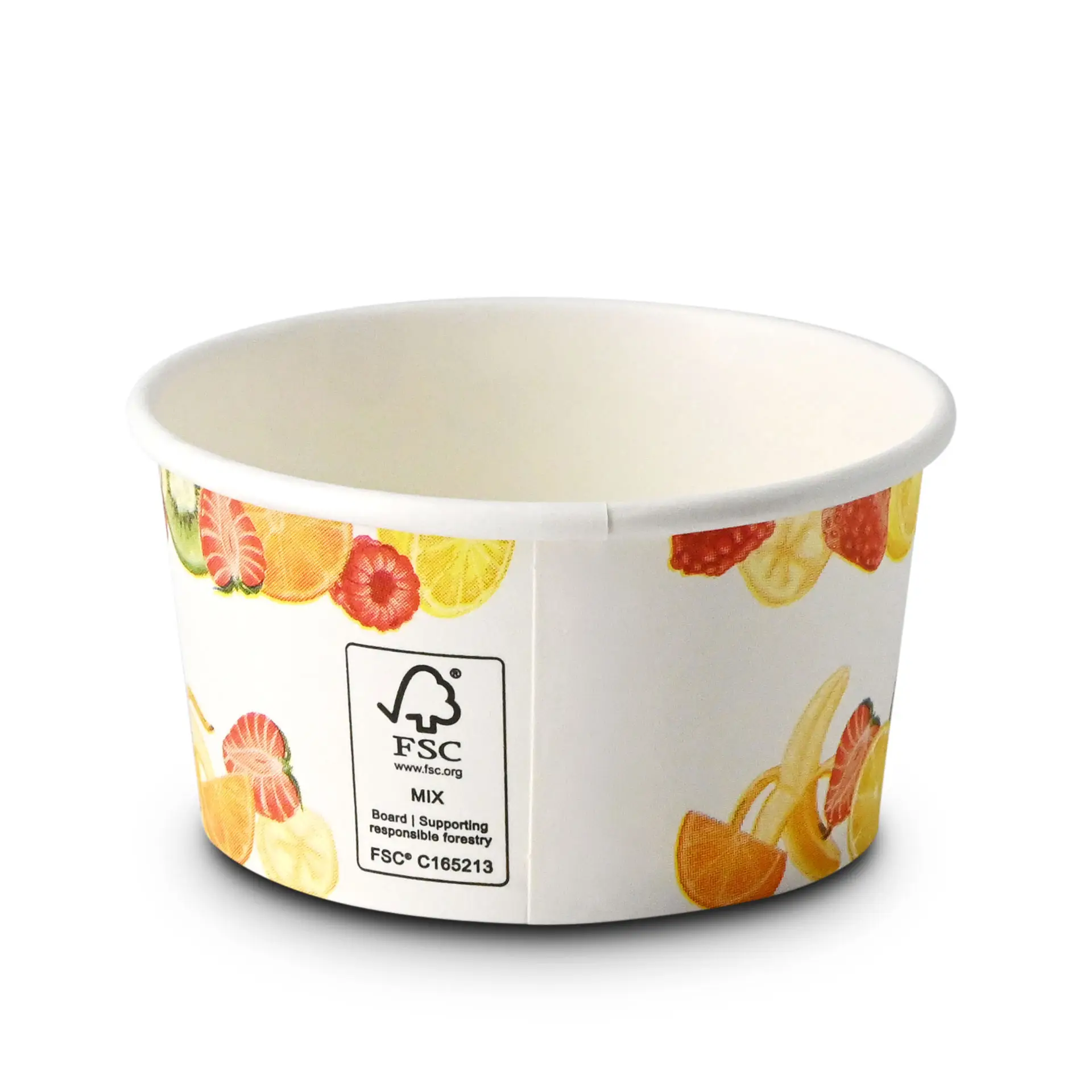 Un bicchiere di carta stampato con frutta; adatto per cibi caldi e freddi, con etichetta di certificazione FSC visibile.
