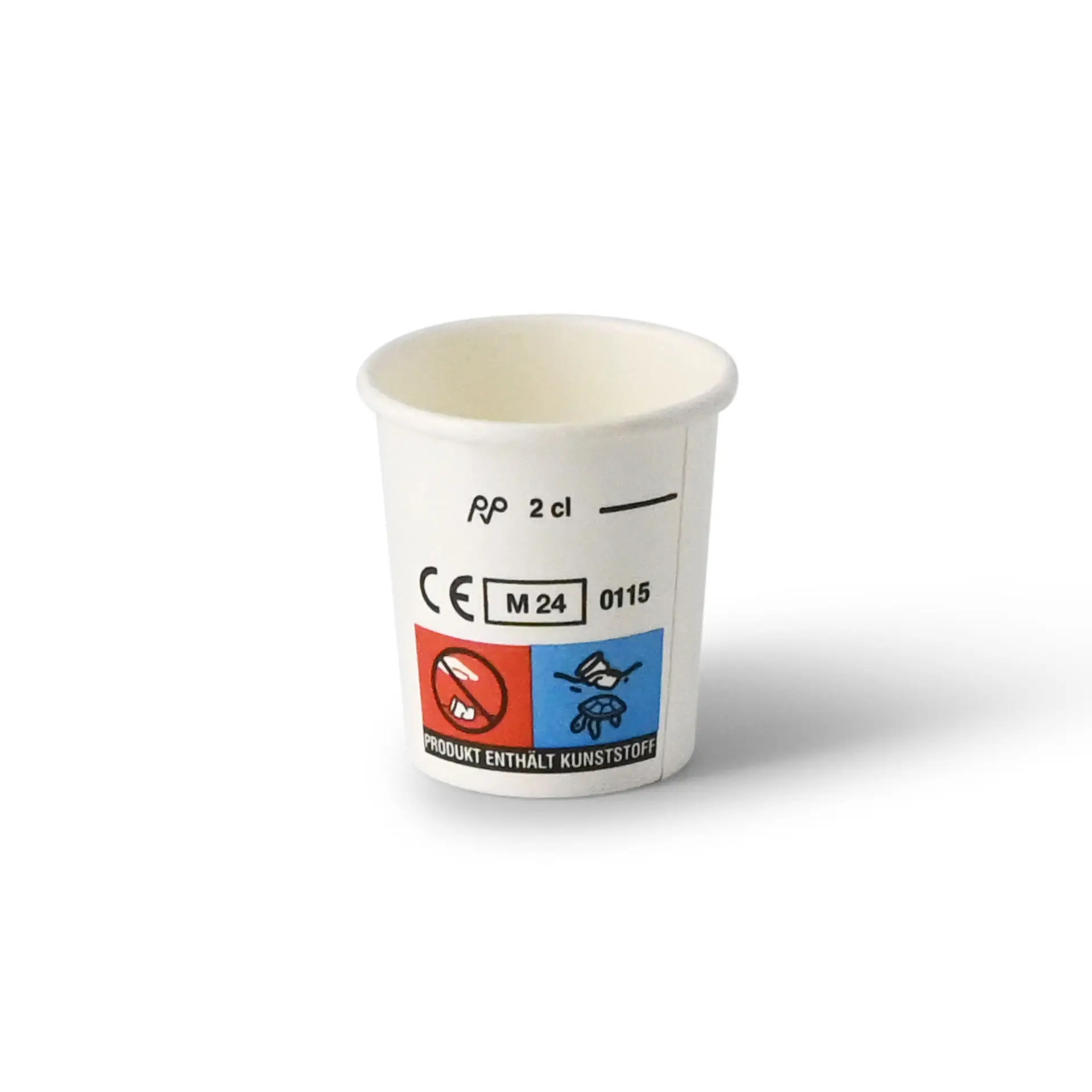 Tazza in carta bianca, capacità di 20 ml, con marcature e simboli; adatta per assaporare vari drink.