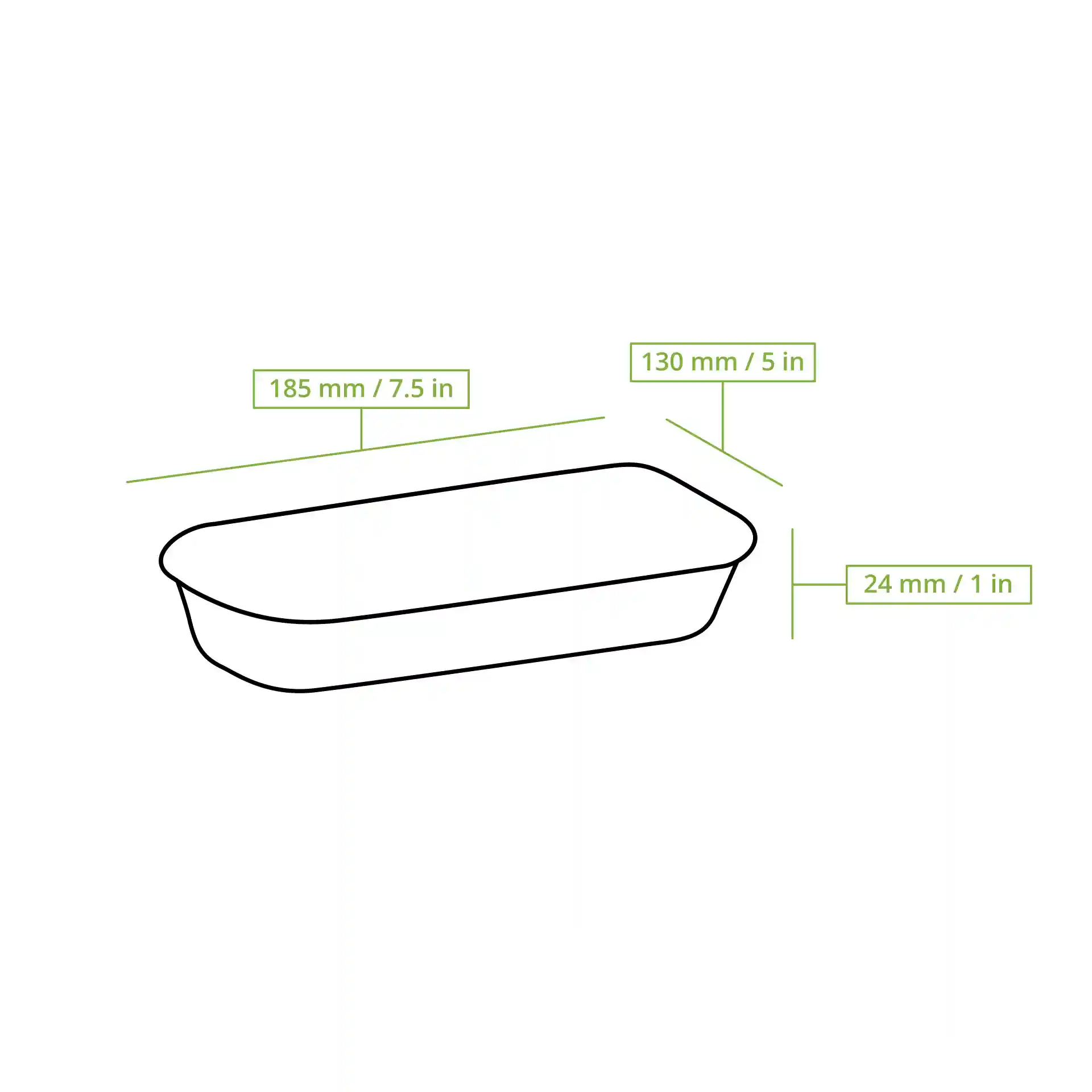 Disegno schematico di una scatola per sushi rettangolare con dimensioni etichettate: 185 mm di lunghezza, 130 mm di larghezza e 24 mm di altezza.