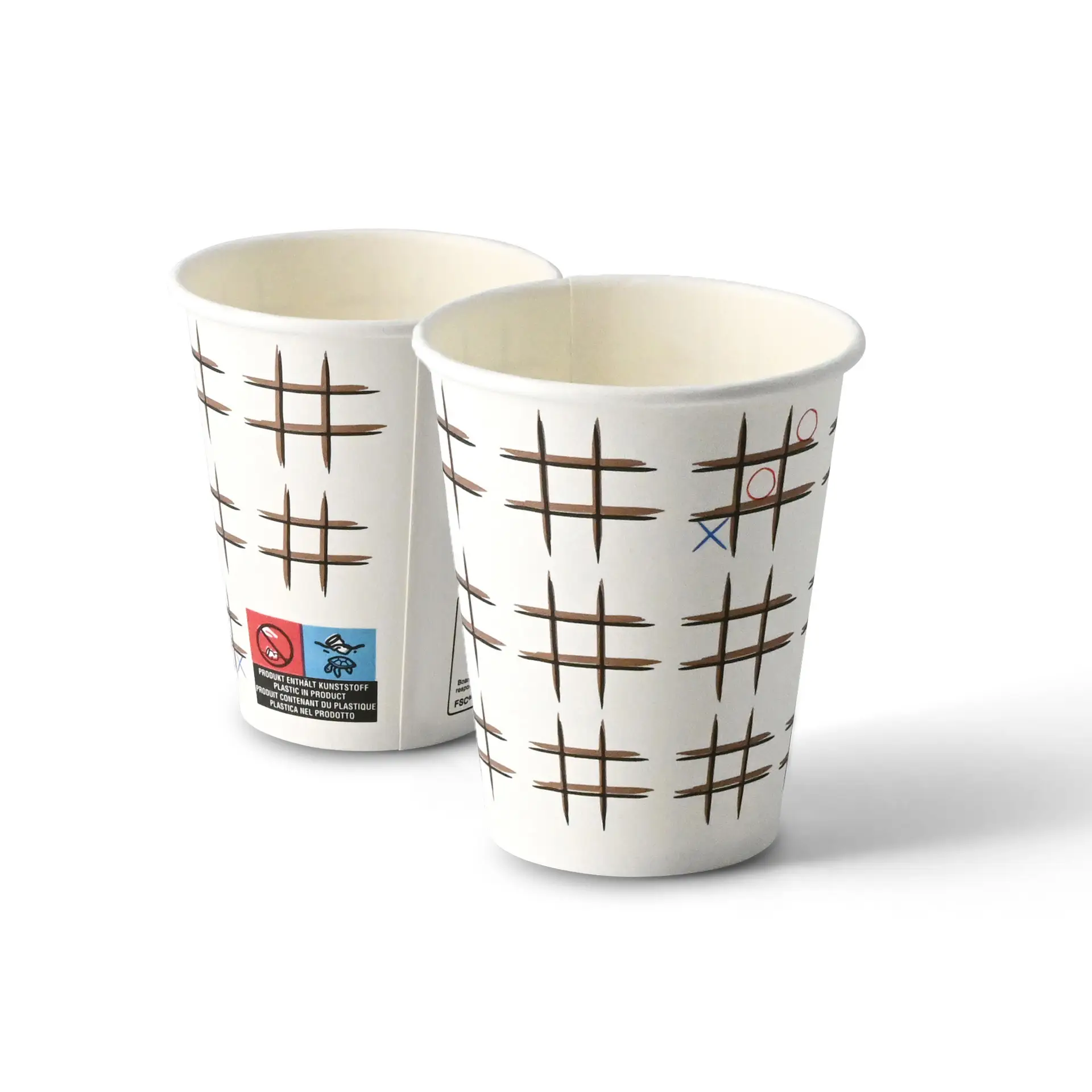 Due bicchieri di carta da 8 oz con stampa "Tic Tac Toe", cartone bianco, forma rotonda e etichette visibili su un bicchiere.
