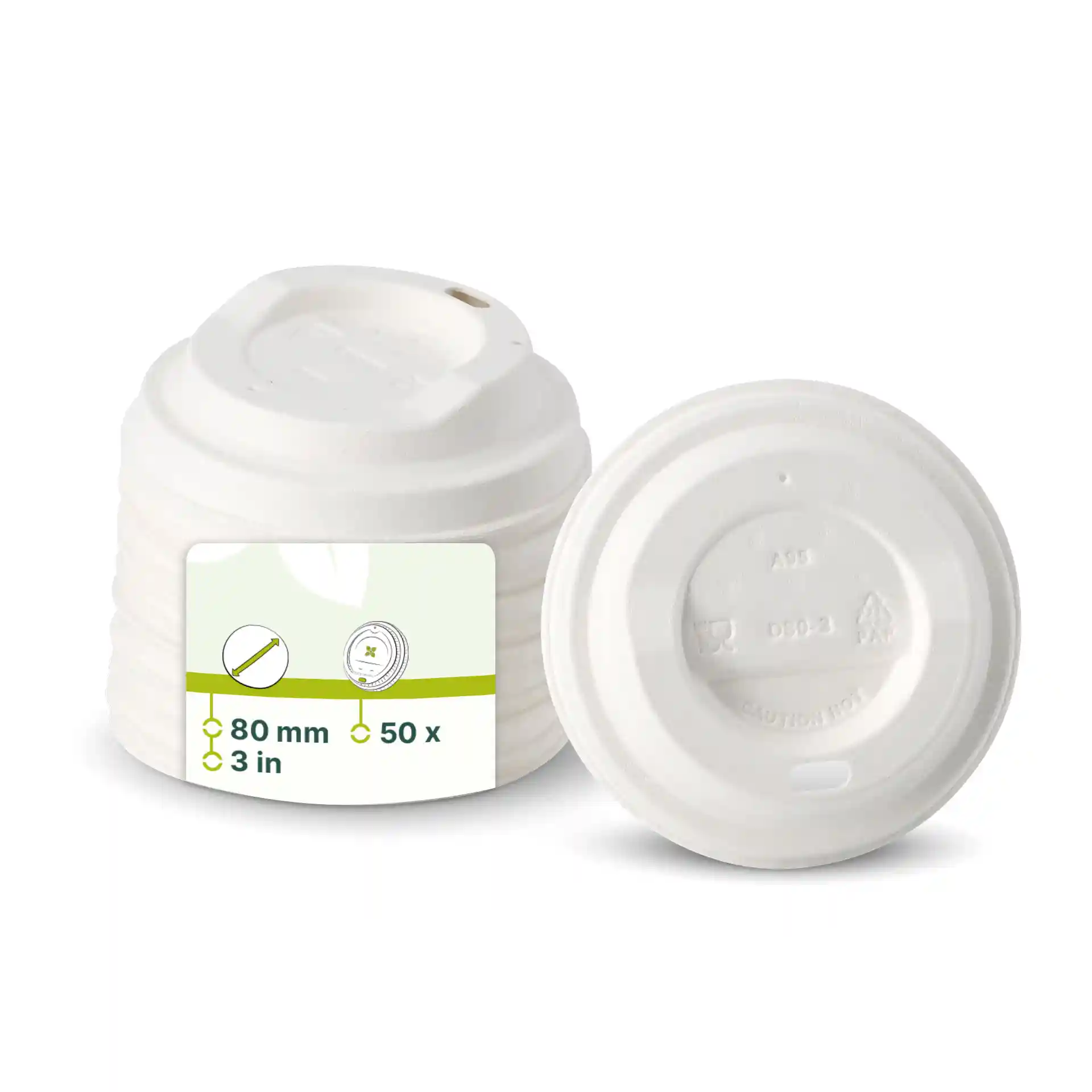 Coperchi bianchi per bicchieri con apertura per bere, diametro di 80 mm, impilati con un coperchio visibile di lato.