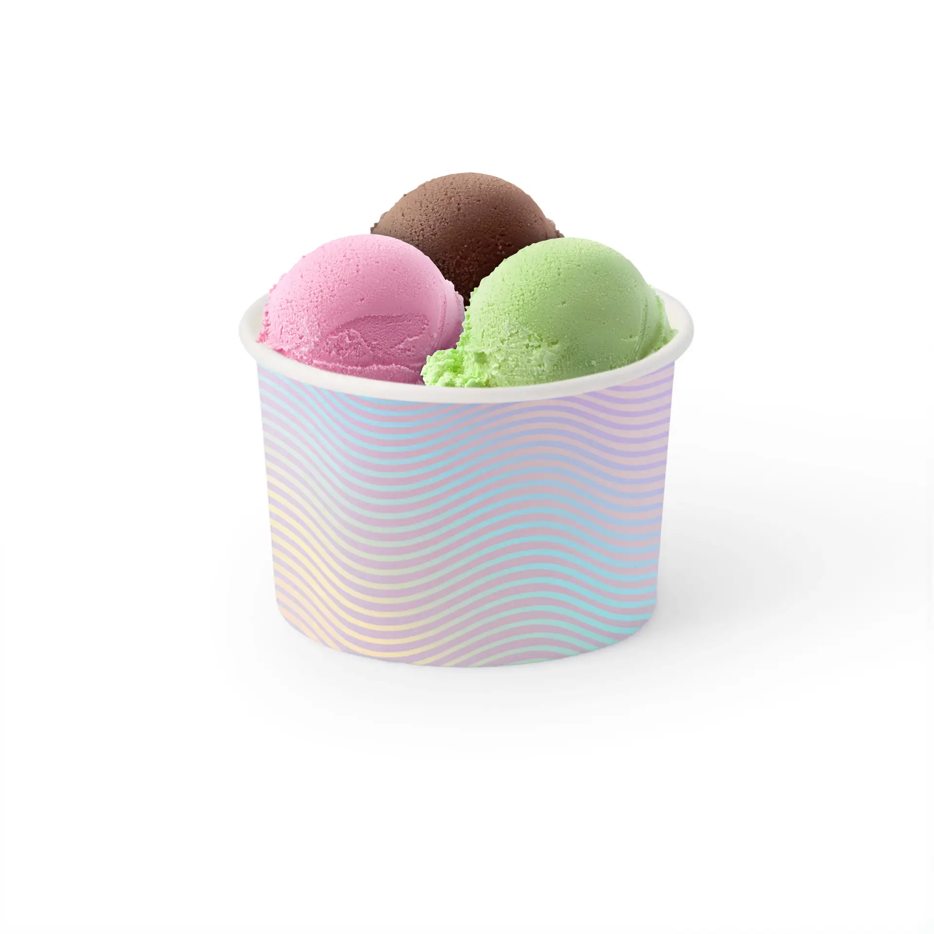 Bicchiere con tre palline di gelato: varietà rosa, verde e marrone in un bicchiere di gelato stampato.