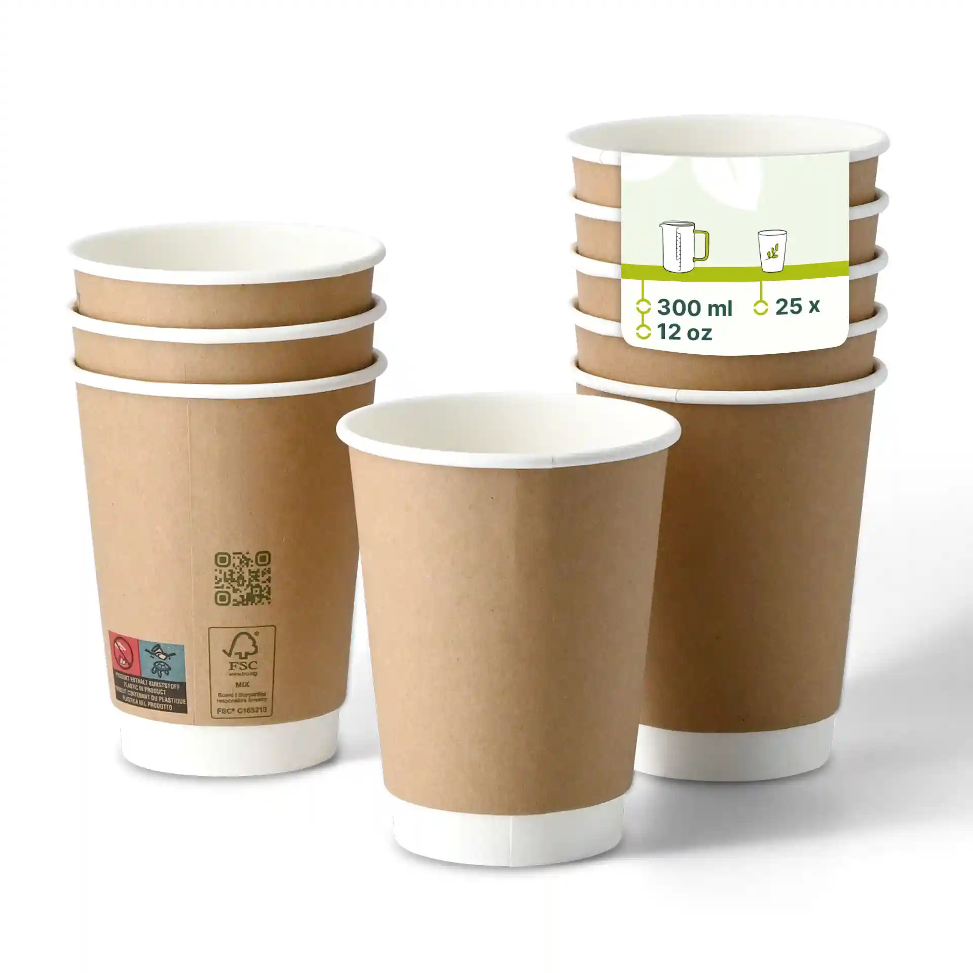 Tazze da caffè marroni a doppia parete con interno bianco, cinque tazze impilate e una in verticale, capacità di 300 ml.