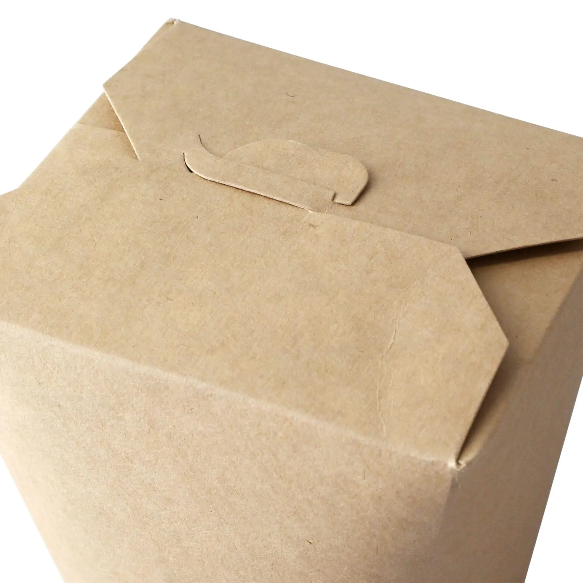 Scatola per noodle in carta kraft marrone con chiusura sicura; progettata per diversi piatti, tra cui noodles e curry.