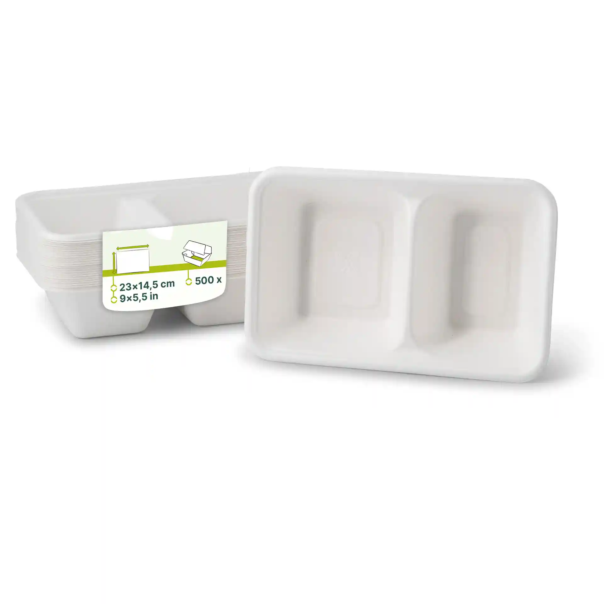 Vassoio rettangolare bianco con due scomparti, misura 23 x 14,5 cm, realizzato in materiale di canna da zucchero.
